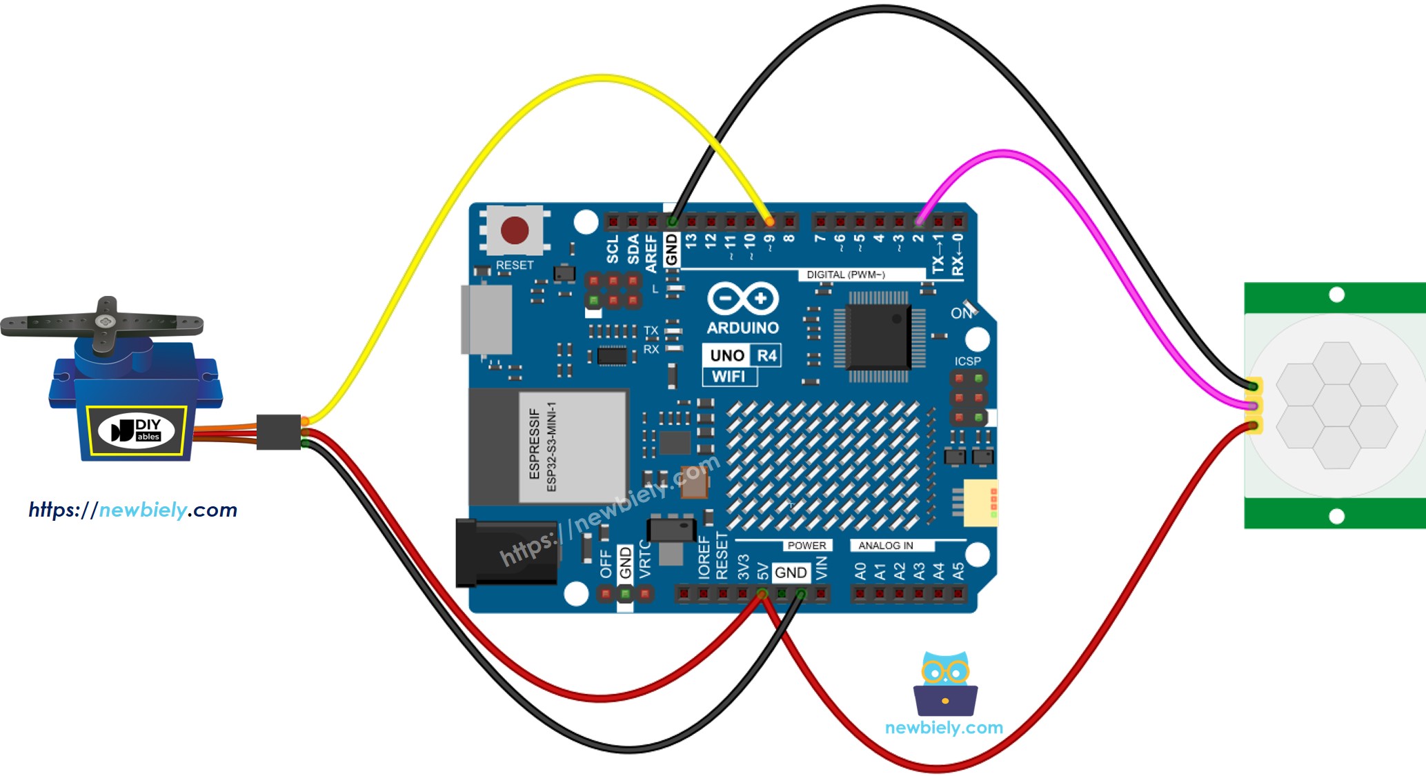 Schéma de câblage Arduino UNO R4 – capteur de mouvement et servomoteur