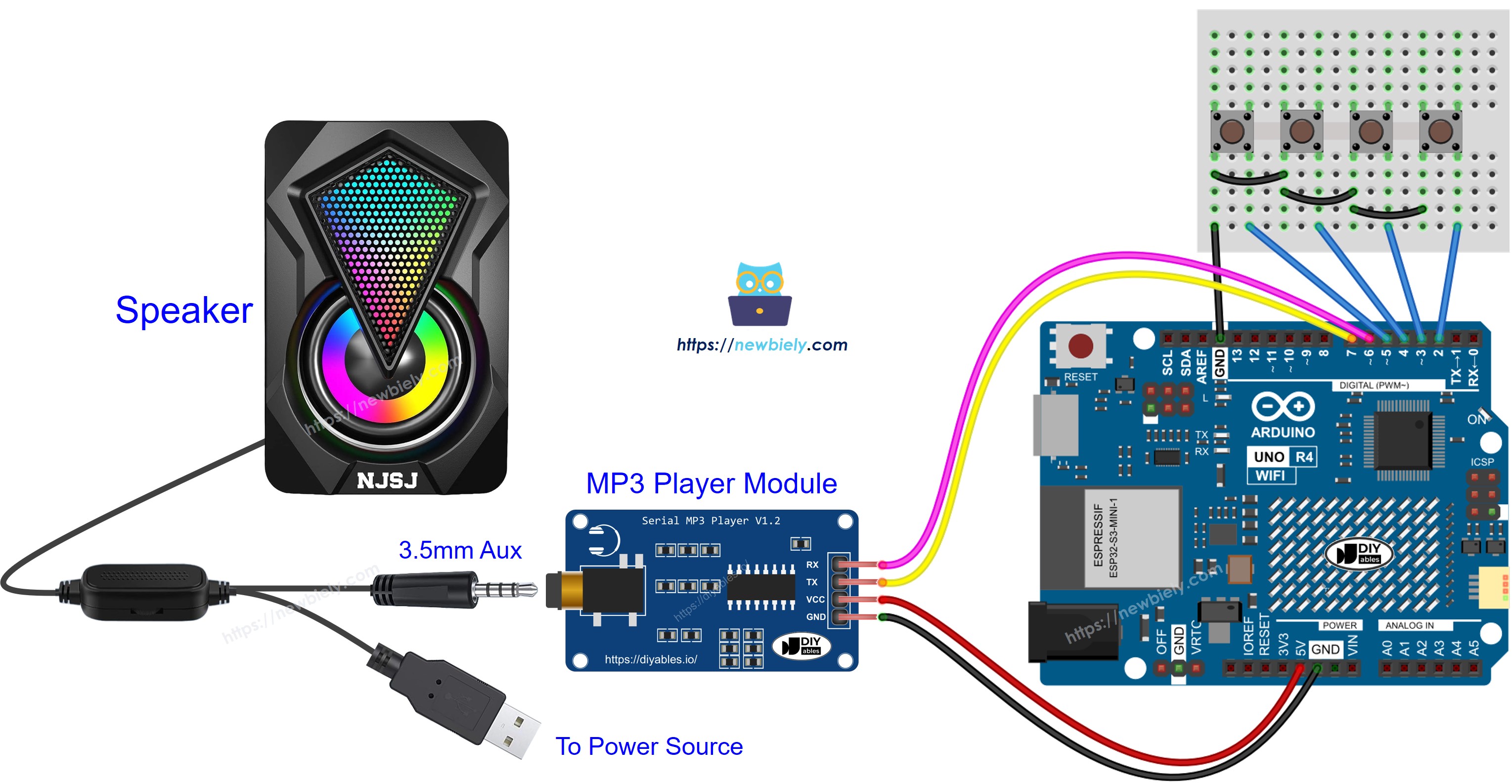 Schéma de câblage du lecteur MP3 et du haut-parleur pour Arduino UNO R4