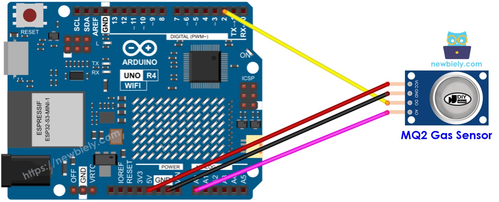 Schéma de câblage du capteur de gaz MQ-2 pour Arduino UNO R4