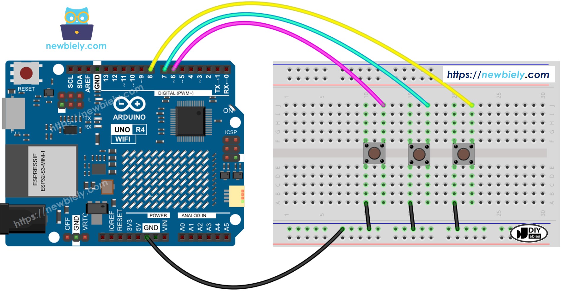 Schéma de câblage de la bibliothèque de boutons Arduino UNO R4