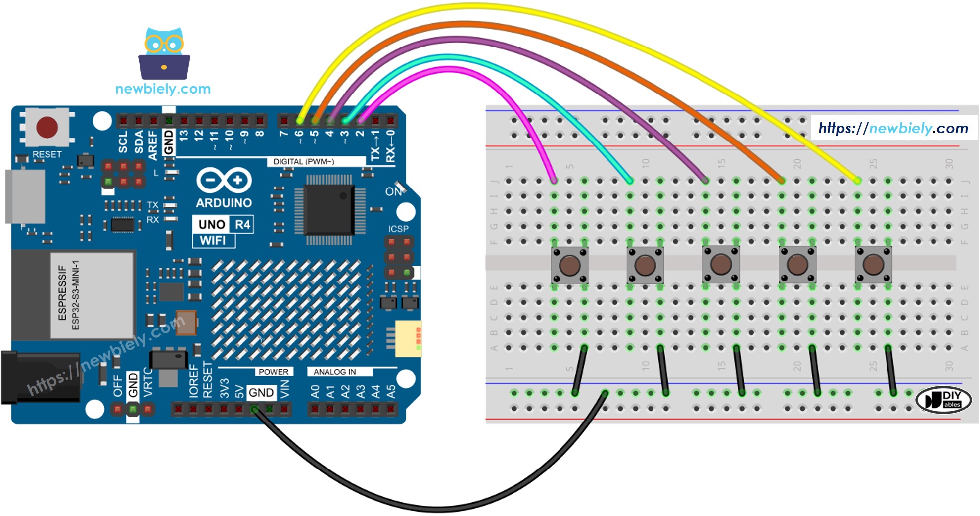 Schéma de câblage Arduino UNO R4 avec plusieurs boutons