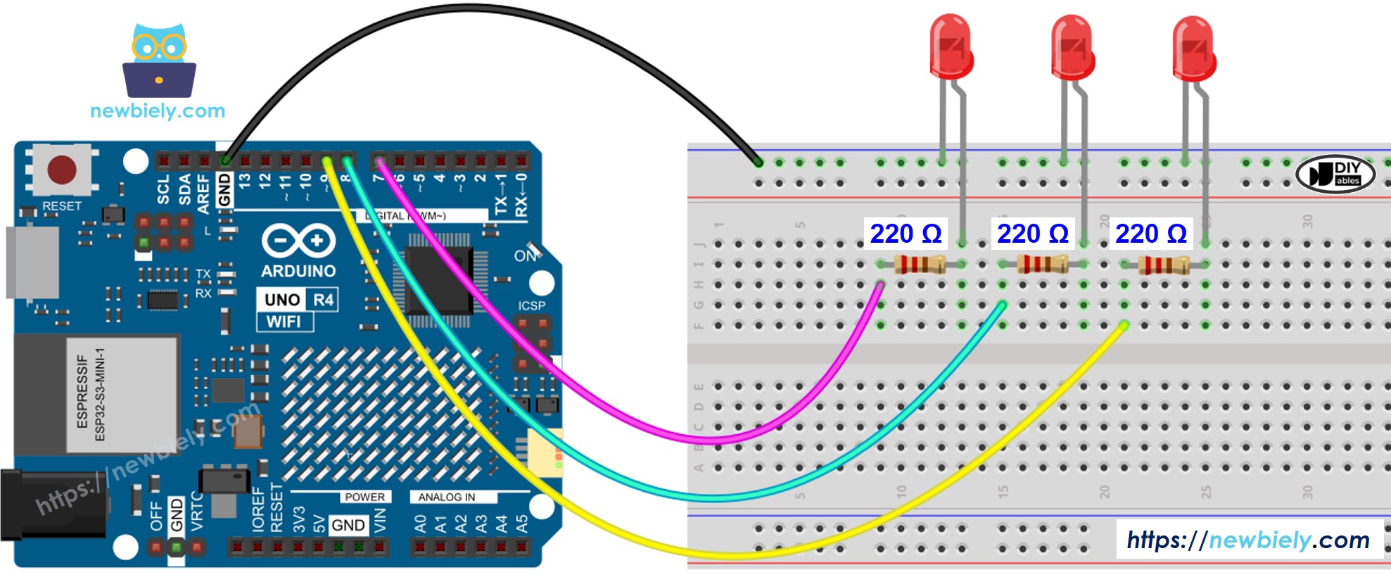 Schéma de câblage de plusieurs LED pour Arduino UNO R4