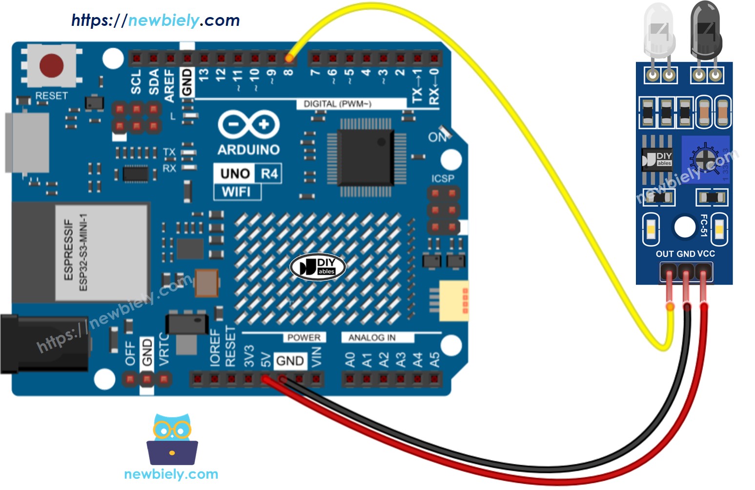 Schéma de câblage du capteur d'évitement d'obstacles IR pour Arduino UNO R4