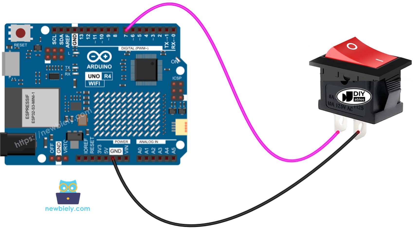 Schéma de câblage de l'interrupteur marche/arrêt Arduino UNO R4