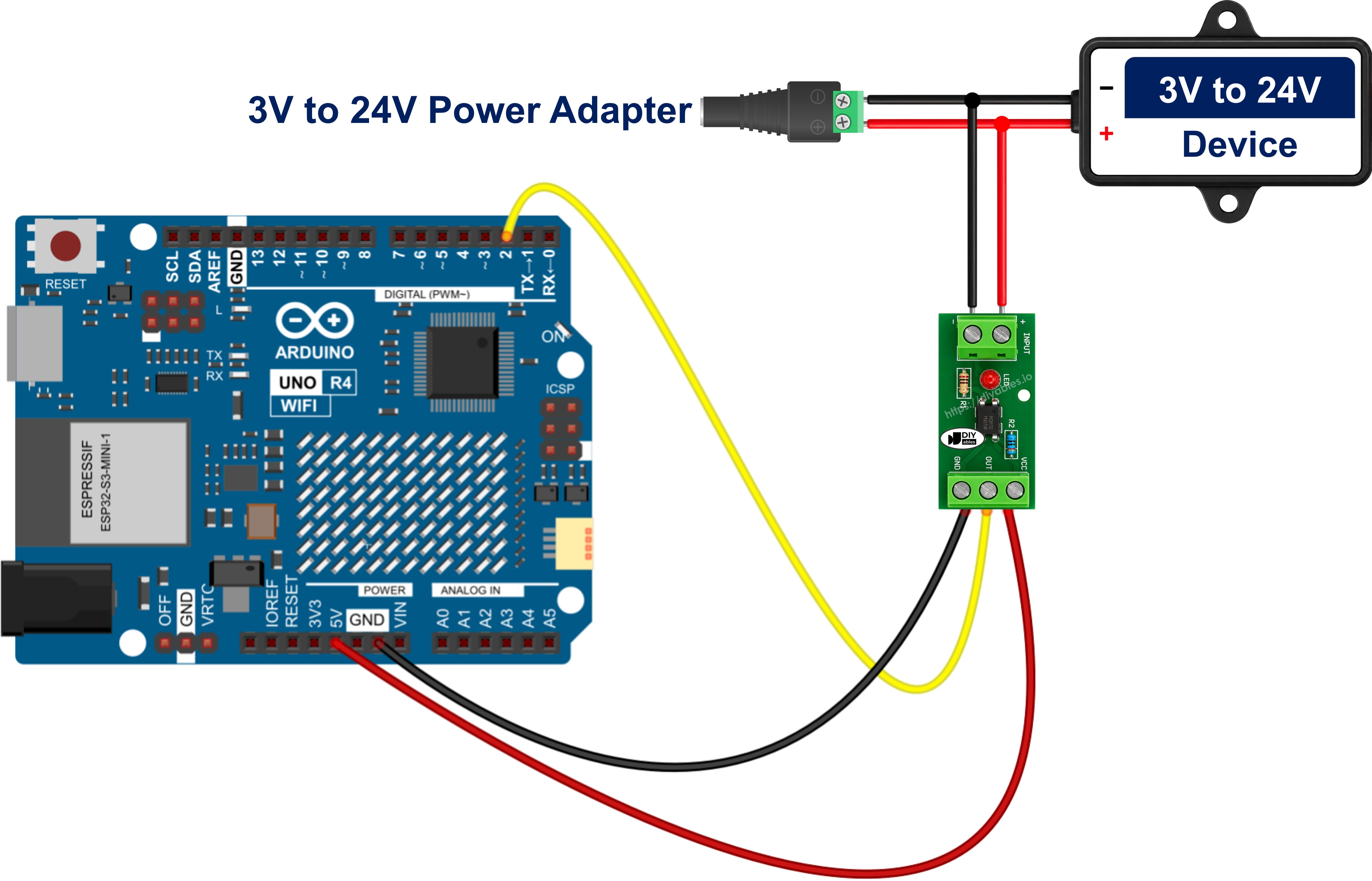 Schéma de câblage Arduino UNO R4 module d'isolation optocoupleur PC817 24V