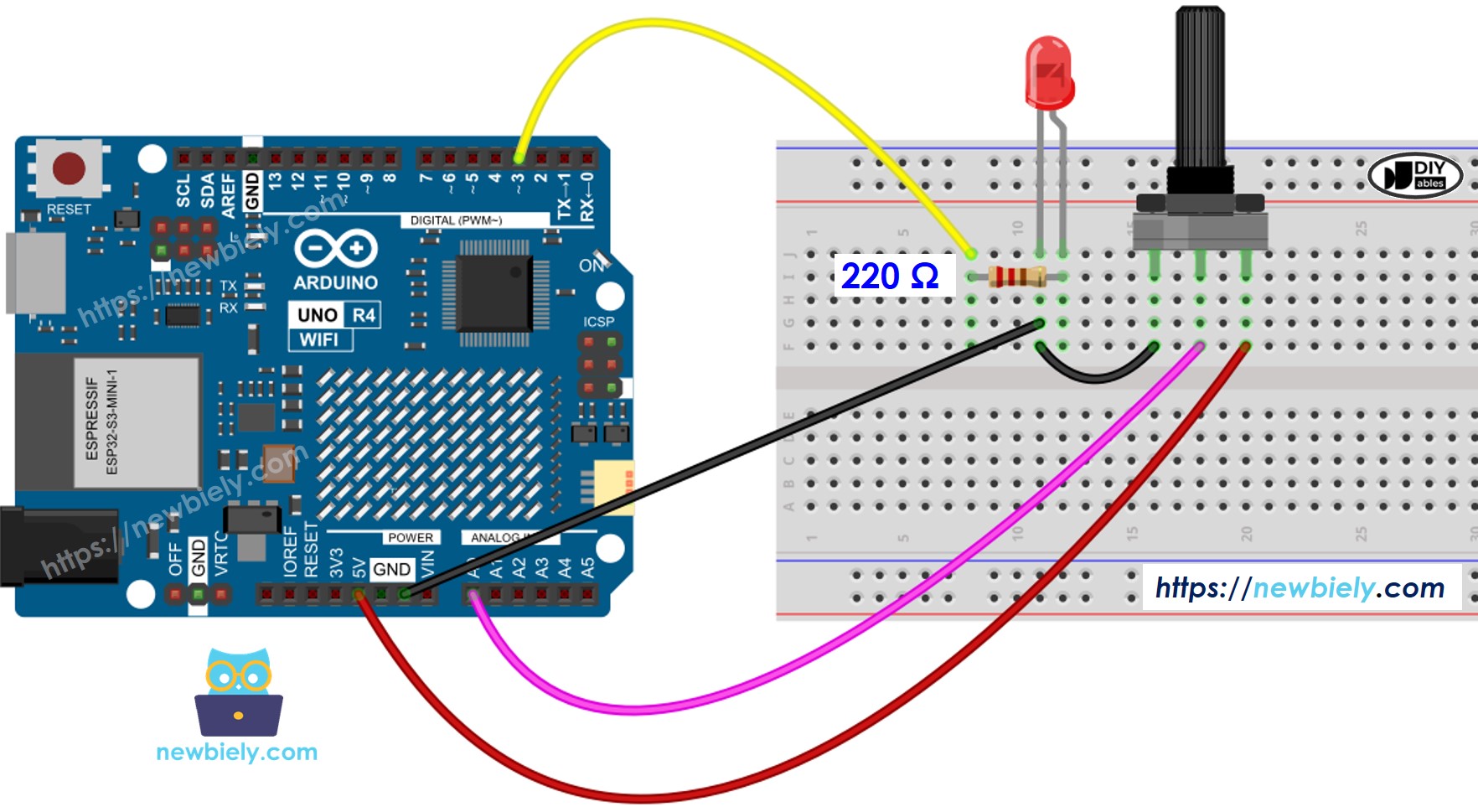 Schéma de câblage Arduino UNO R4 - potentiomètre rotatif et LED