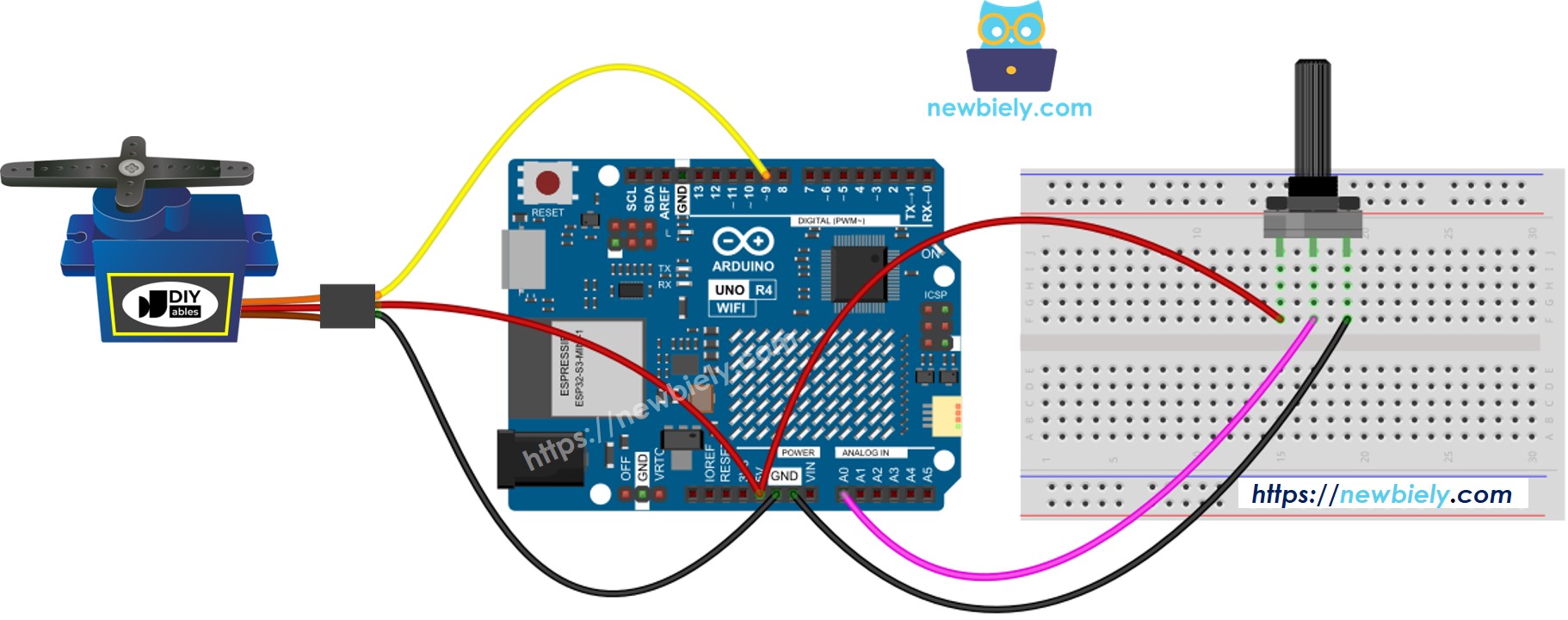Schéma de câblage du potentiomètre du servomoteur Arduino UNO R4