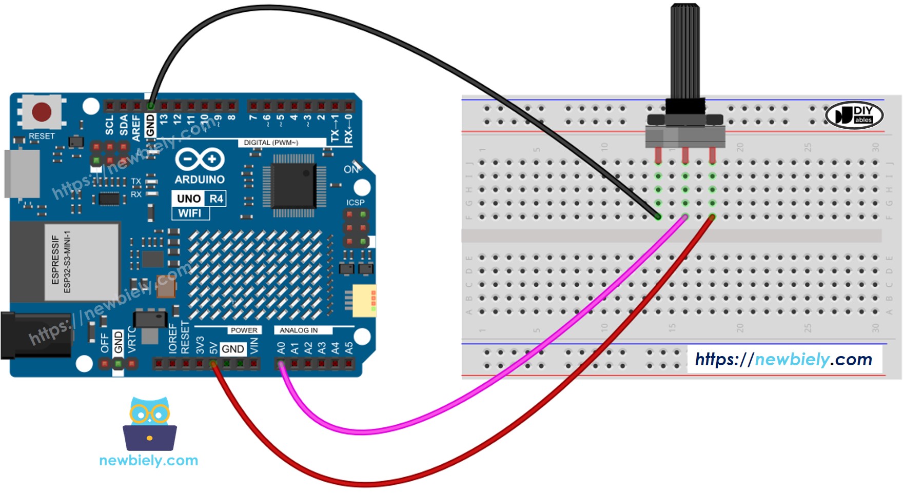 Schéma de câblage du potentiomètre pour Arduino UNO R4