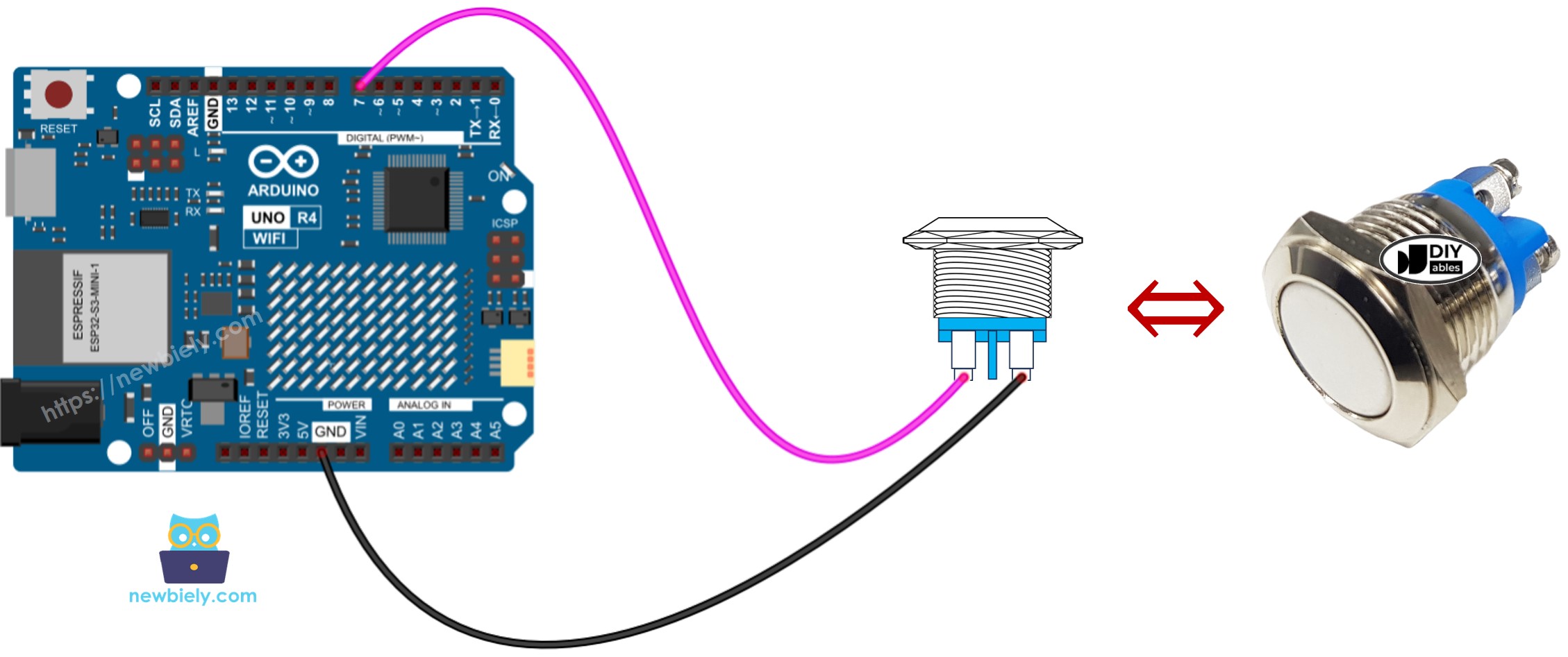 Schéma de câblage du bouton-poussoir à deux broches pour Arduino UNO R4