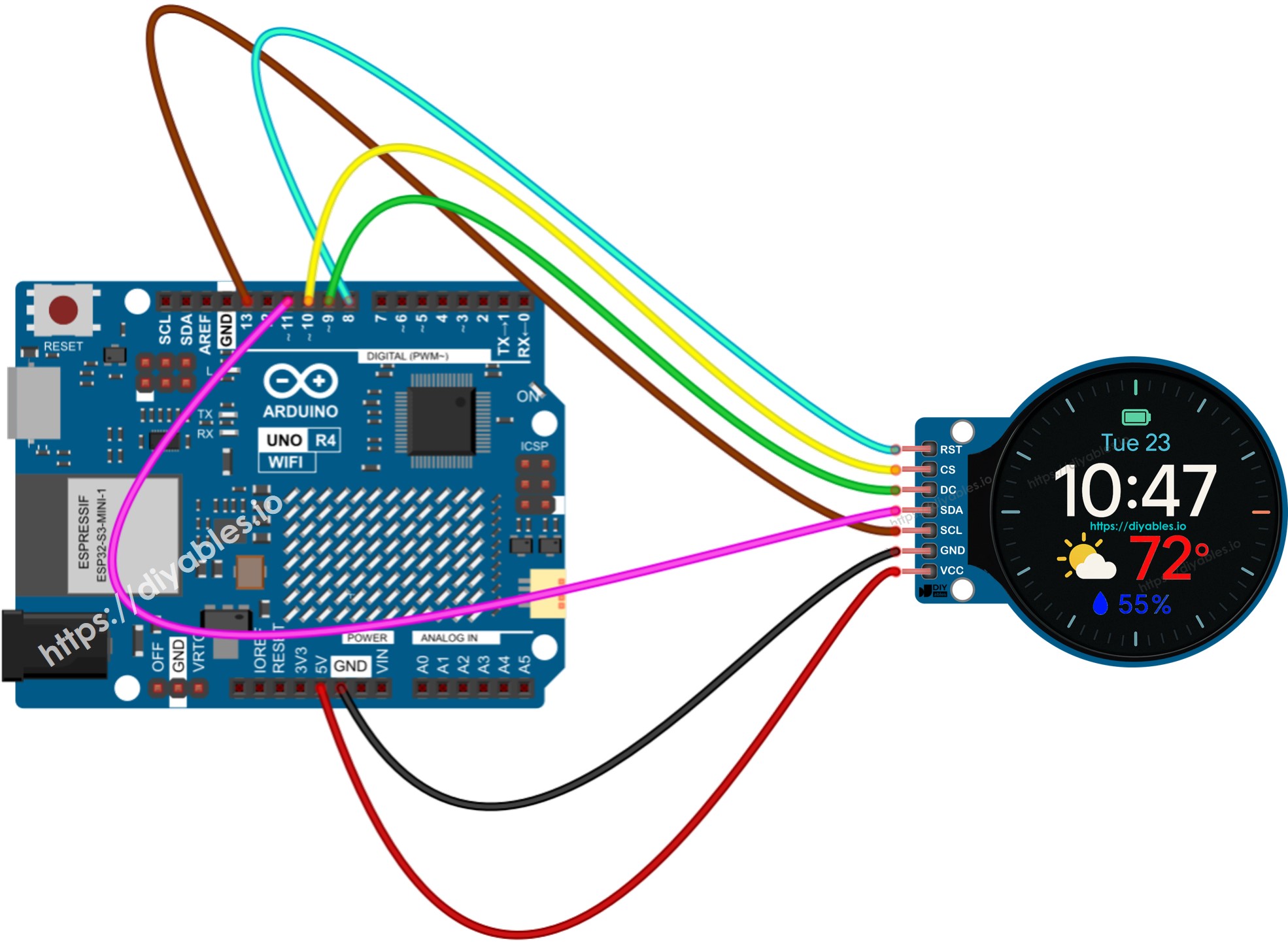 Schéma de câblage de l'écran LCD TFT circulaire de 1,28 pouces pour Arduino UNO R4