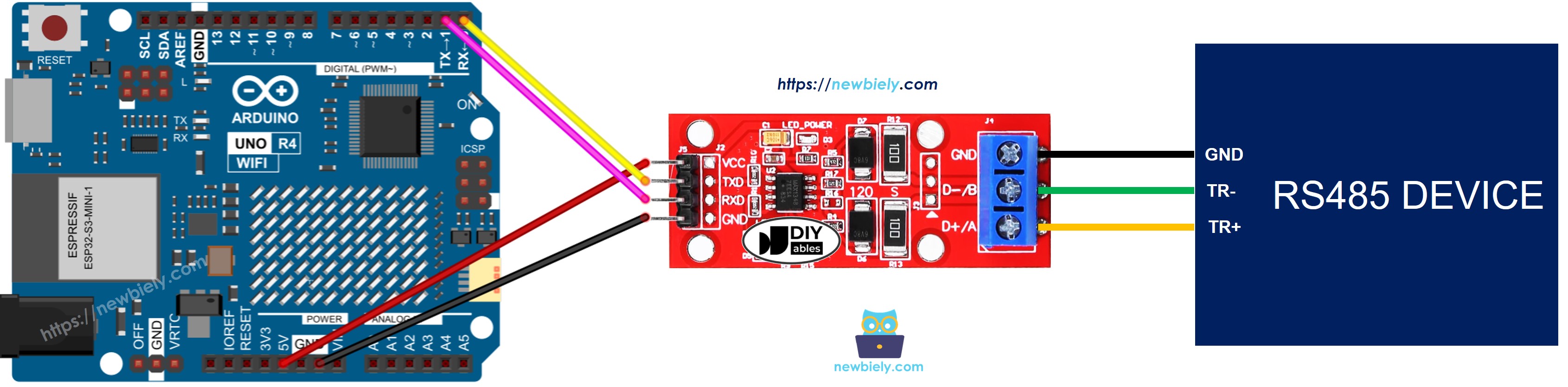 Schéma de câblage Arduino UNO R4 TTL vers RS485