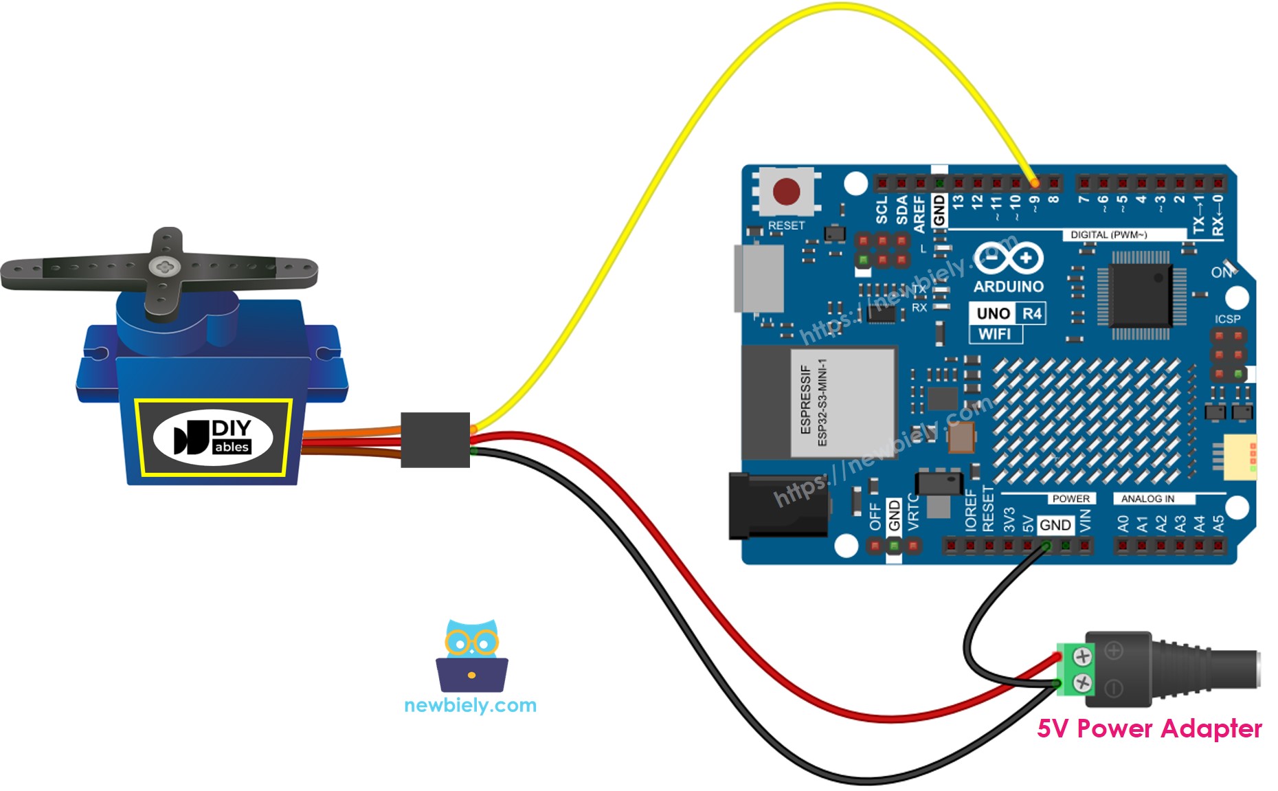 Schéma de câblage de l'alimentation externe du servomoteur pour Arduino UNO R4