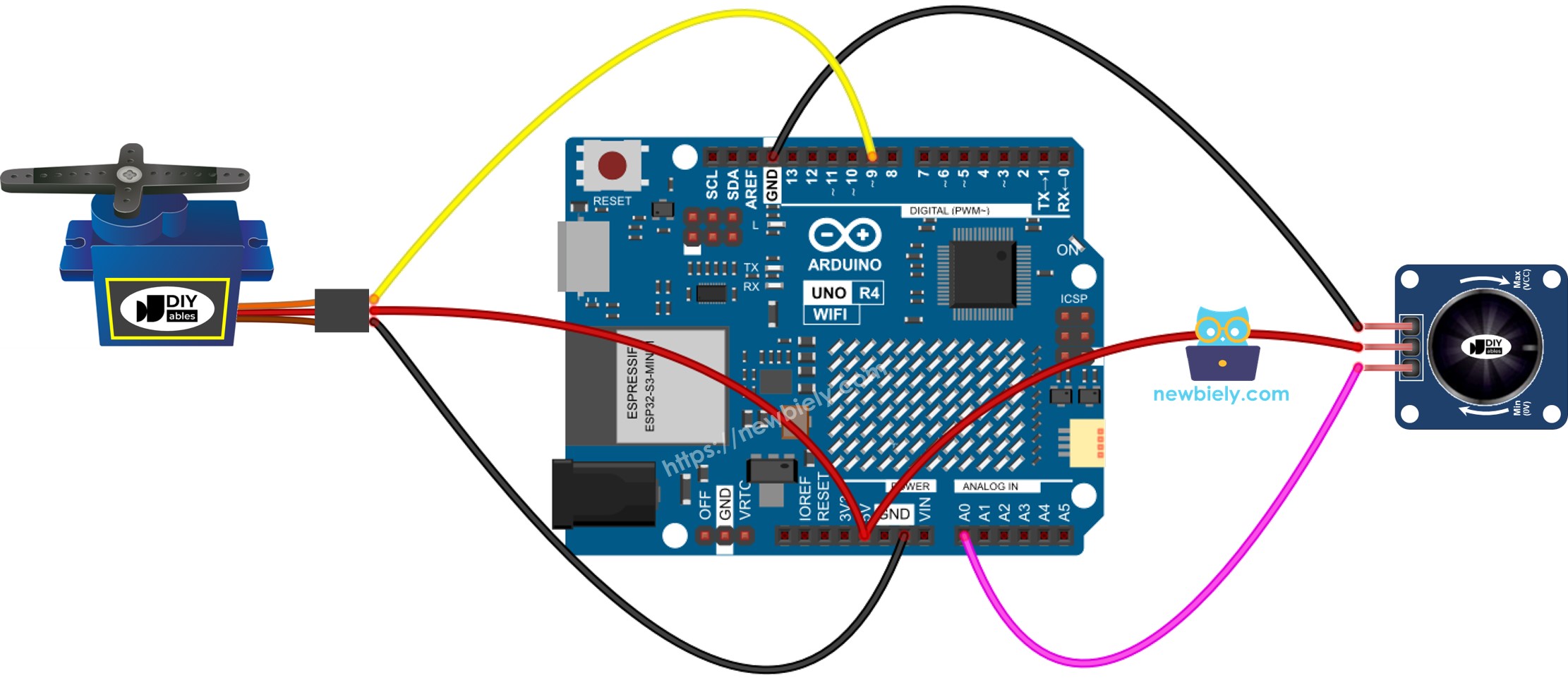 Schéma de câblage du module servomoteur et potentiomètre Arduino UNO R4