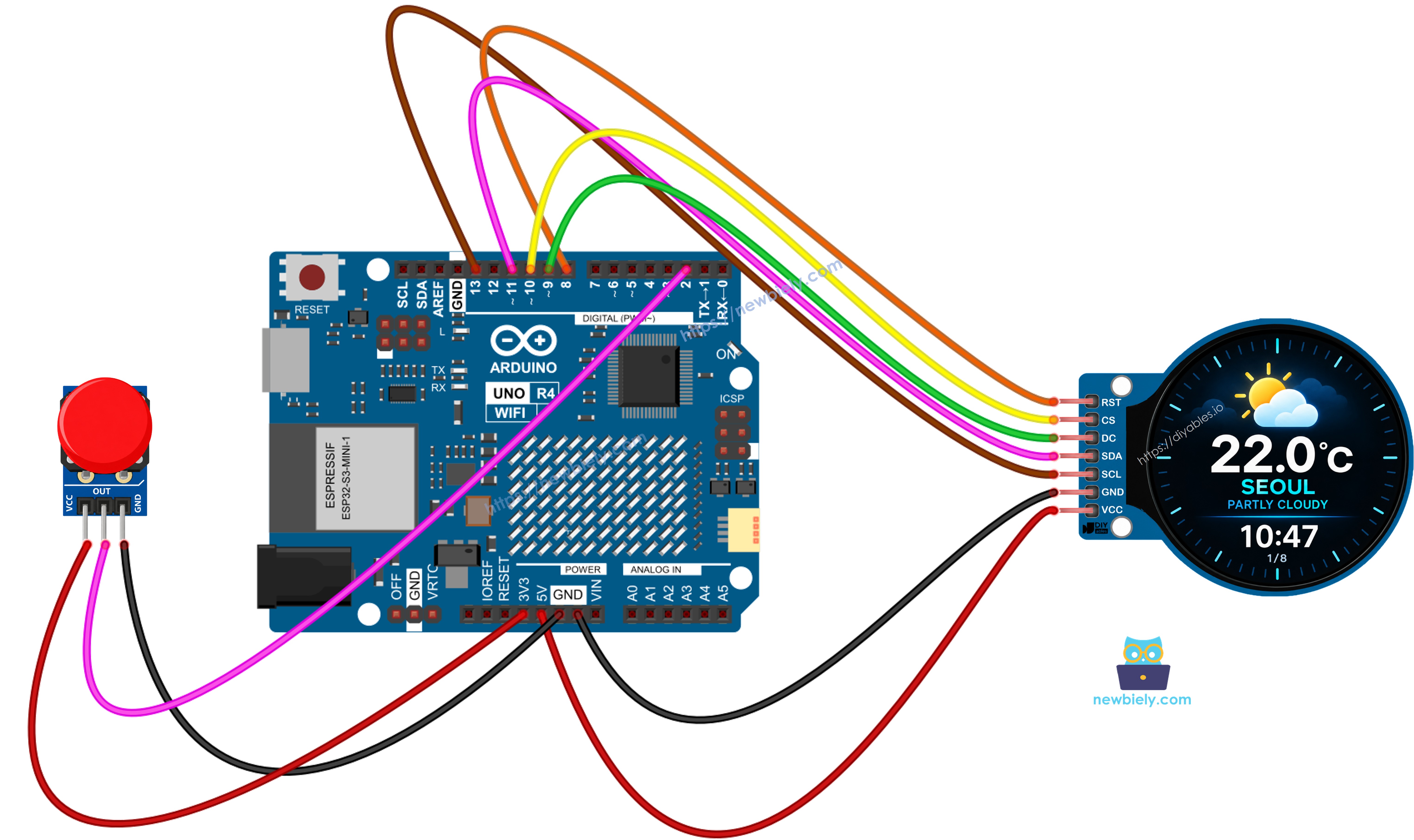 Schéma de câblage station météo intelligente Arduino UNO R4 avec module bouton