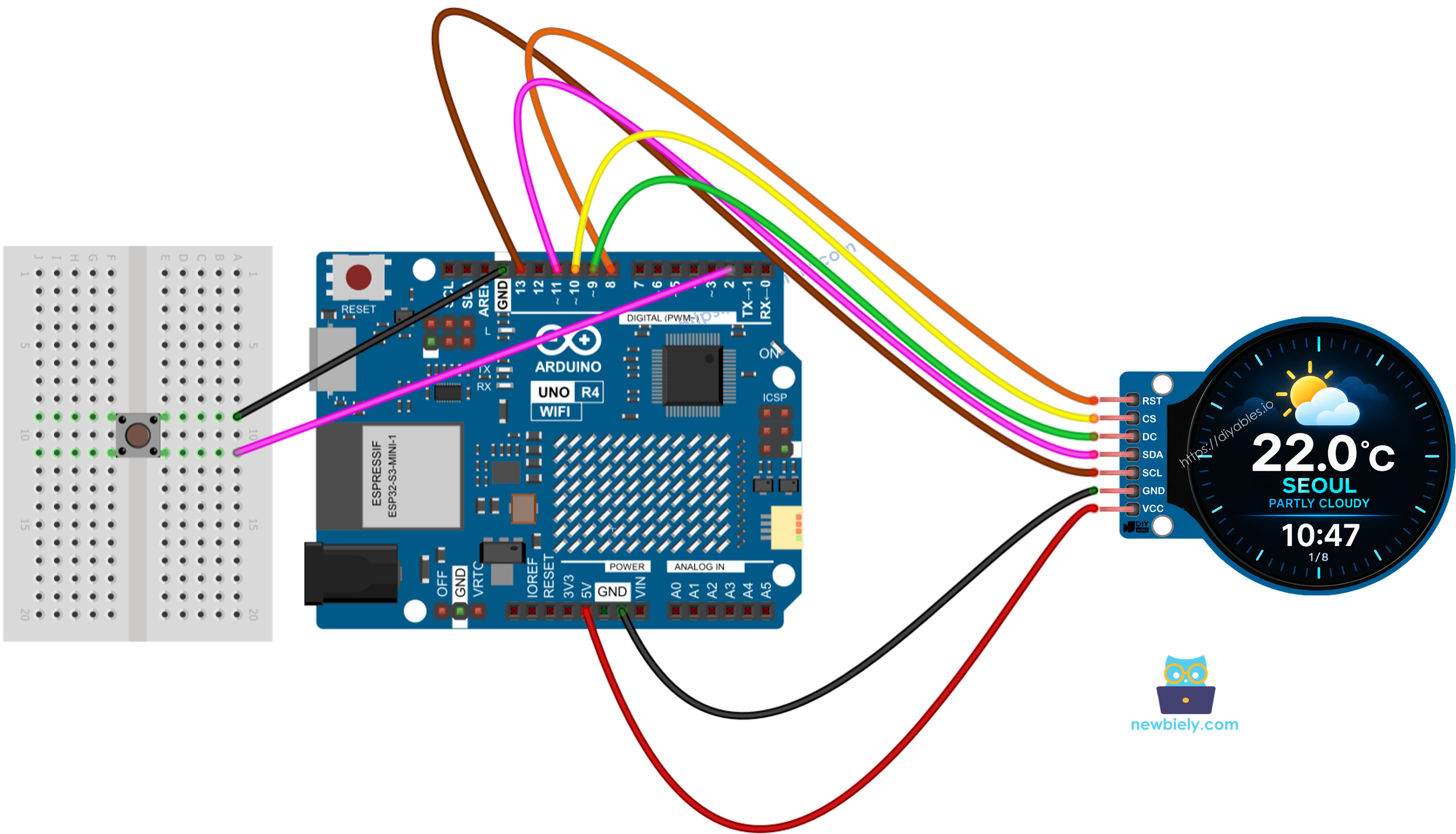 Schéma de câblage station météo intelligente Arduino UNO R4 avec bouton-poussoir
