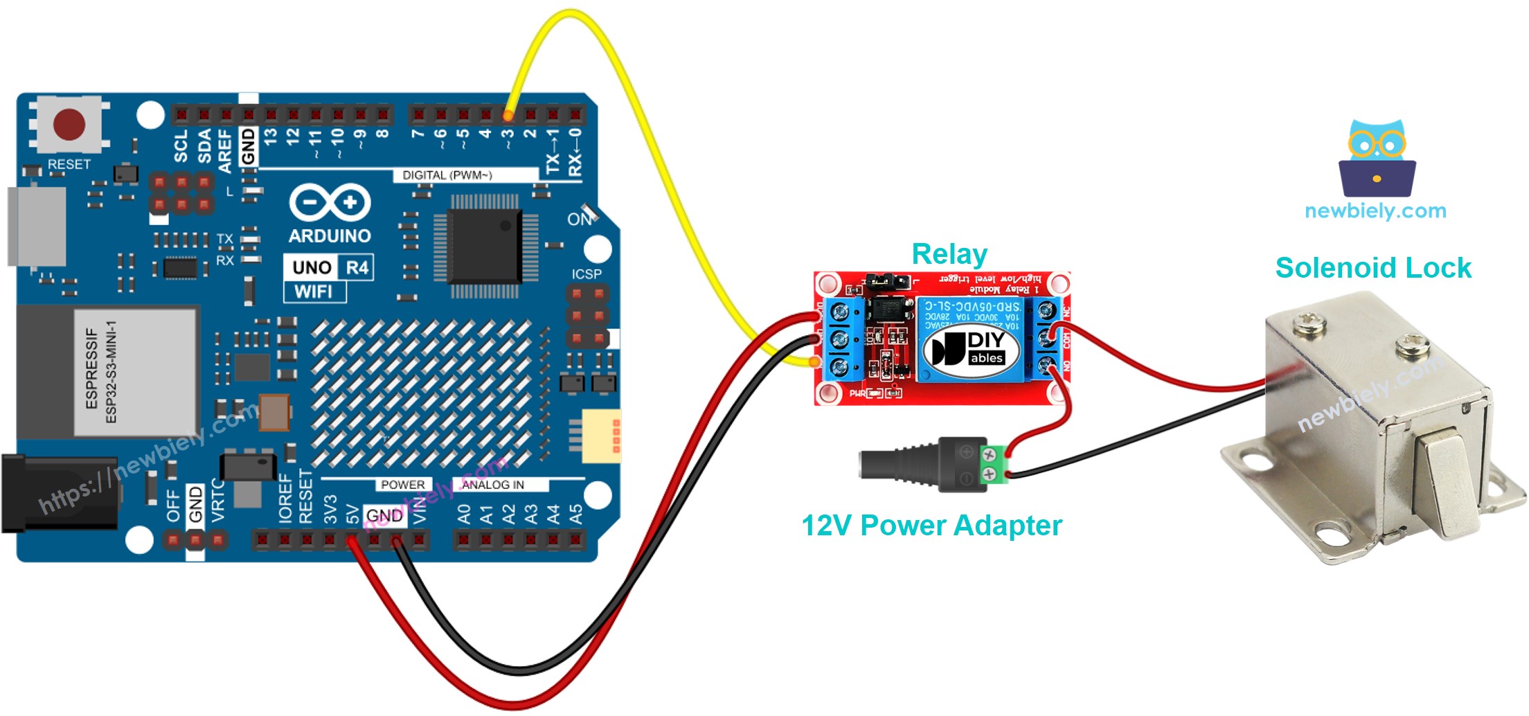 Schéma de câblage du verrou à solénoïde Arduino UNO R4