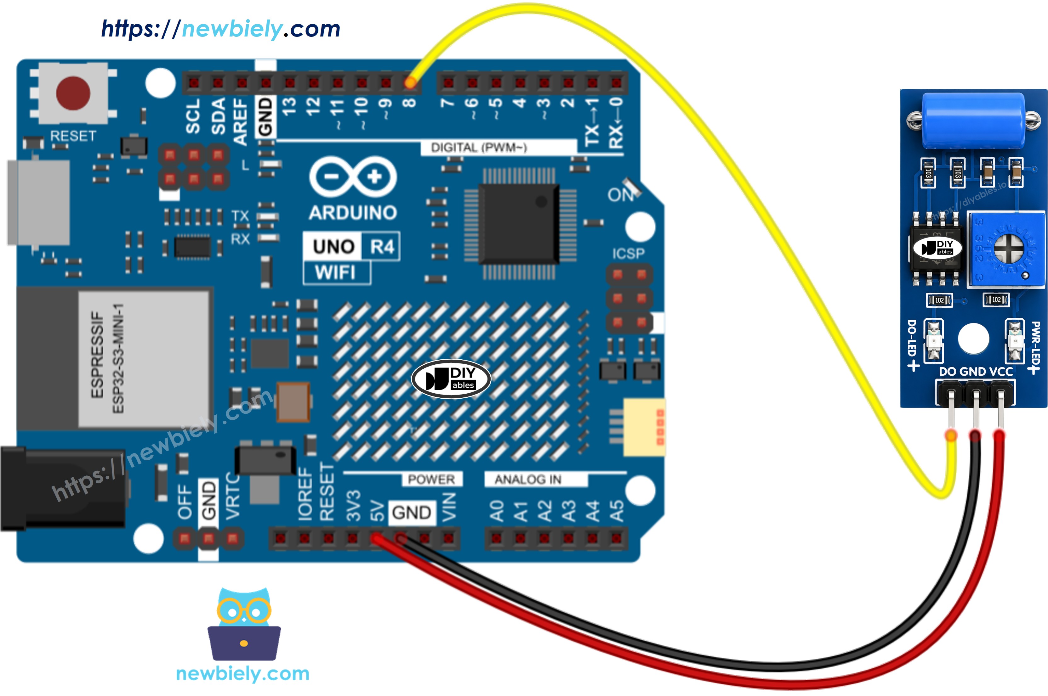 Schéma de Câblage Arduino UNO R4 Capteur de Vibration SW-420