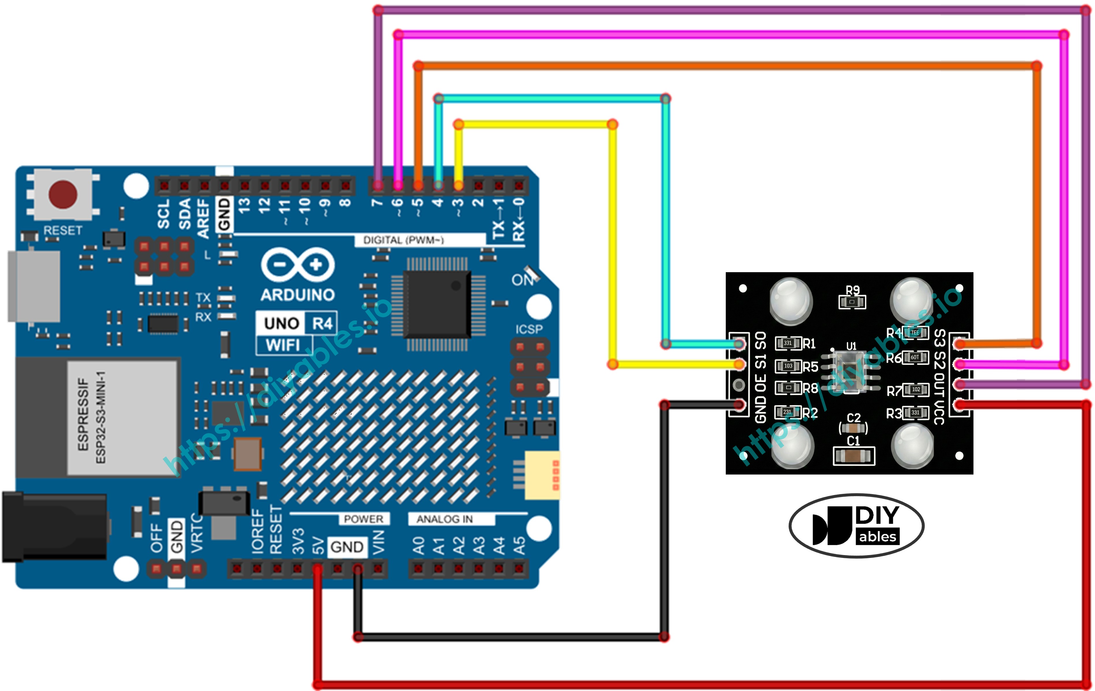 Arduino UNO R4 et capteur de couleur TCS3200 : schéma de câblage montrant la connexion entre les broches