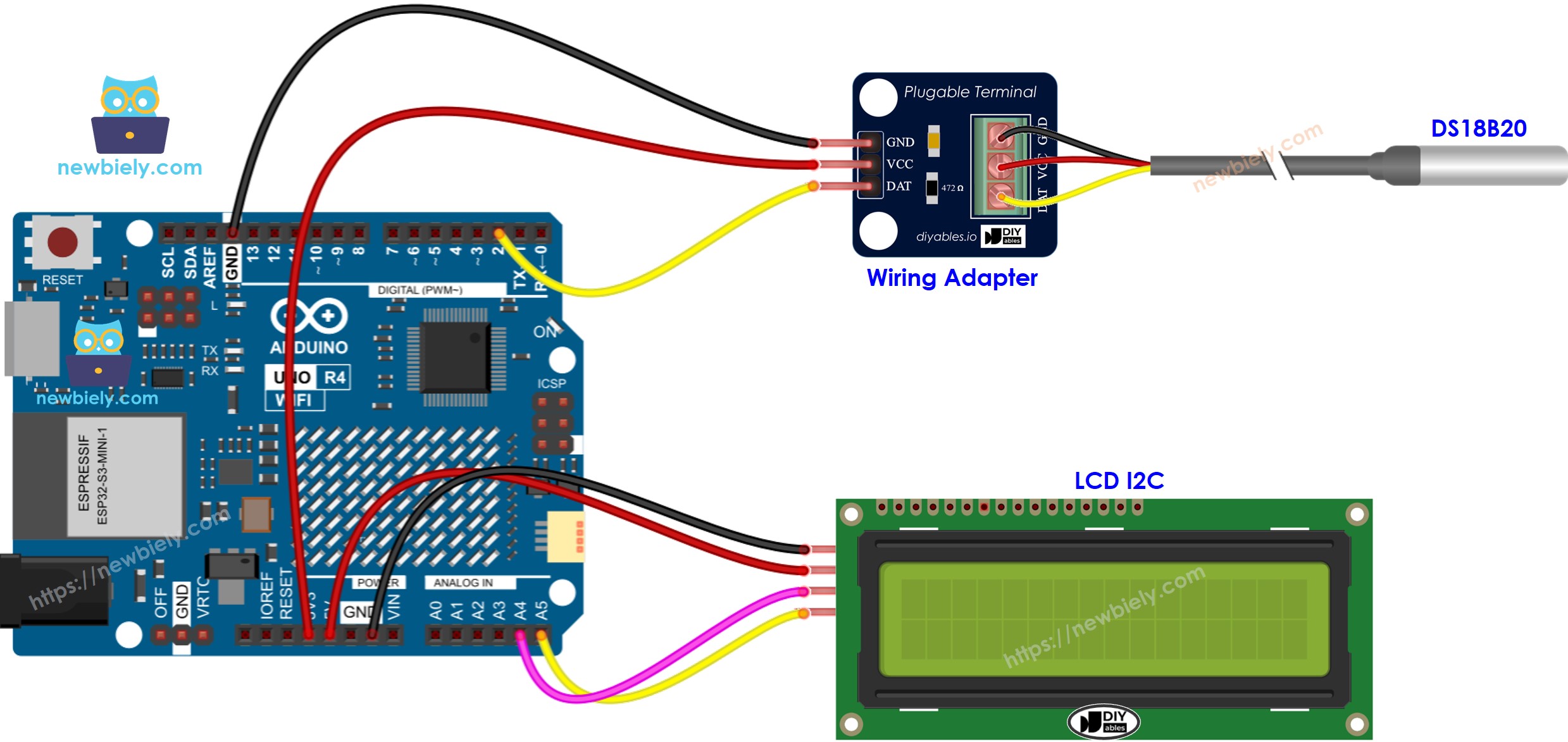 Schéma de câblage LCD pour capteur de température Arduino UNO R4