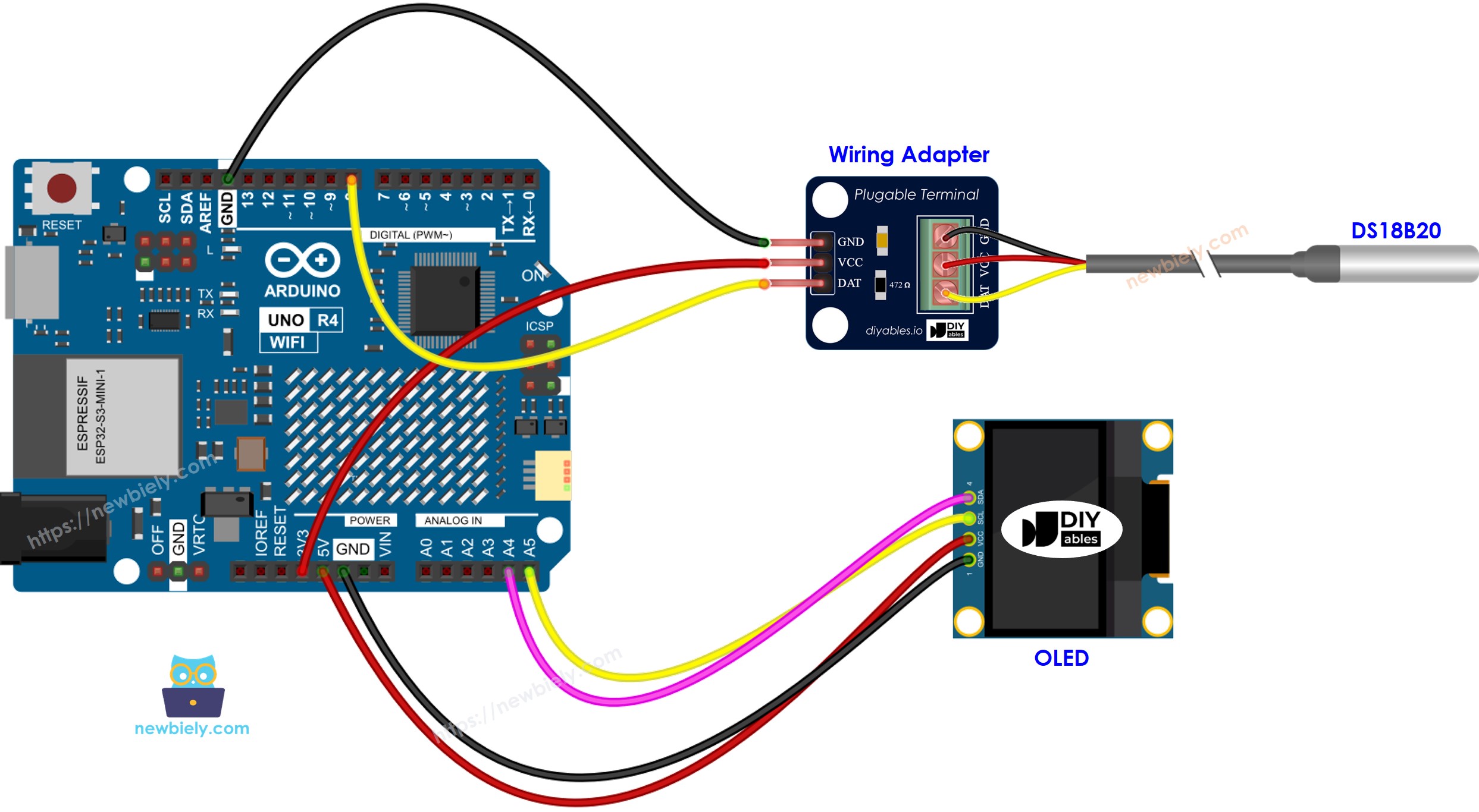 Schéma de câblage OLED du capteur de température DS18B20 pour Arduino UNO R4