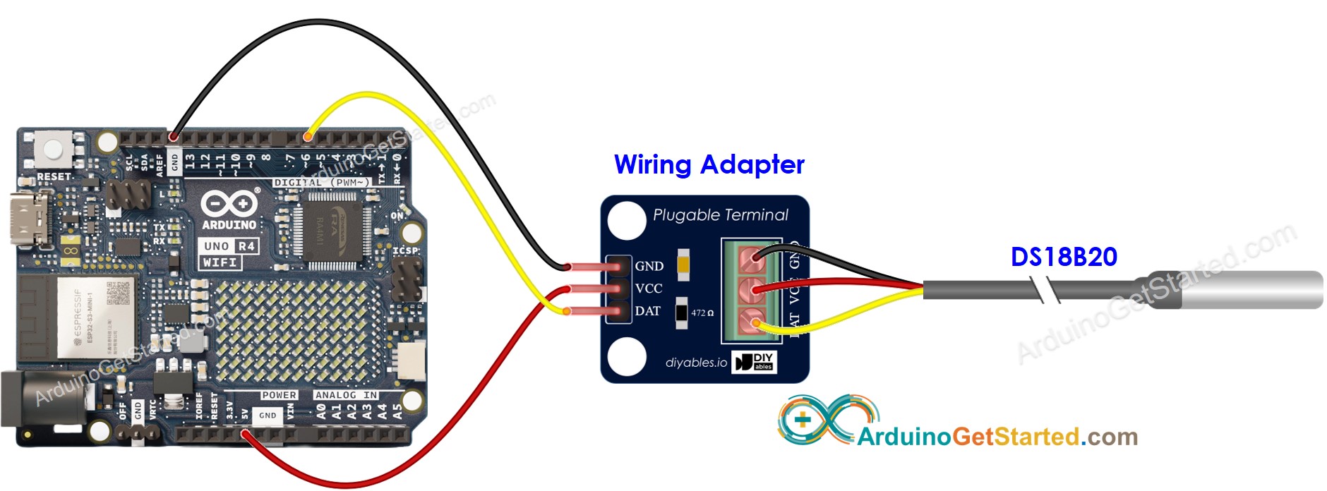 Schéma de câblage du capteur de température DS18B20 WiFi Arduino Uno R4