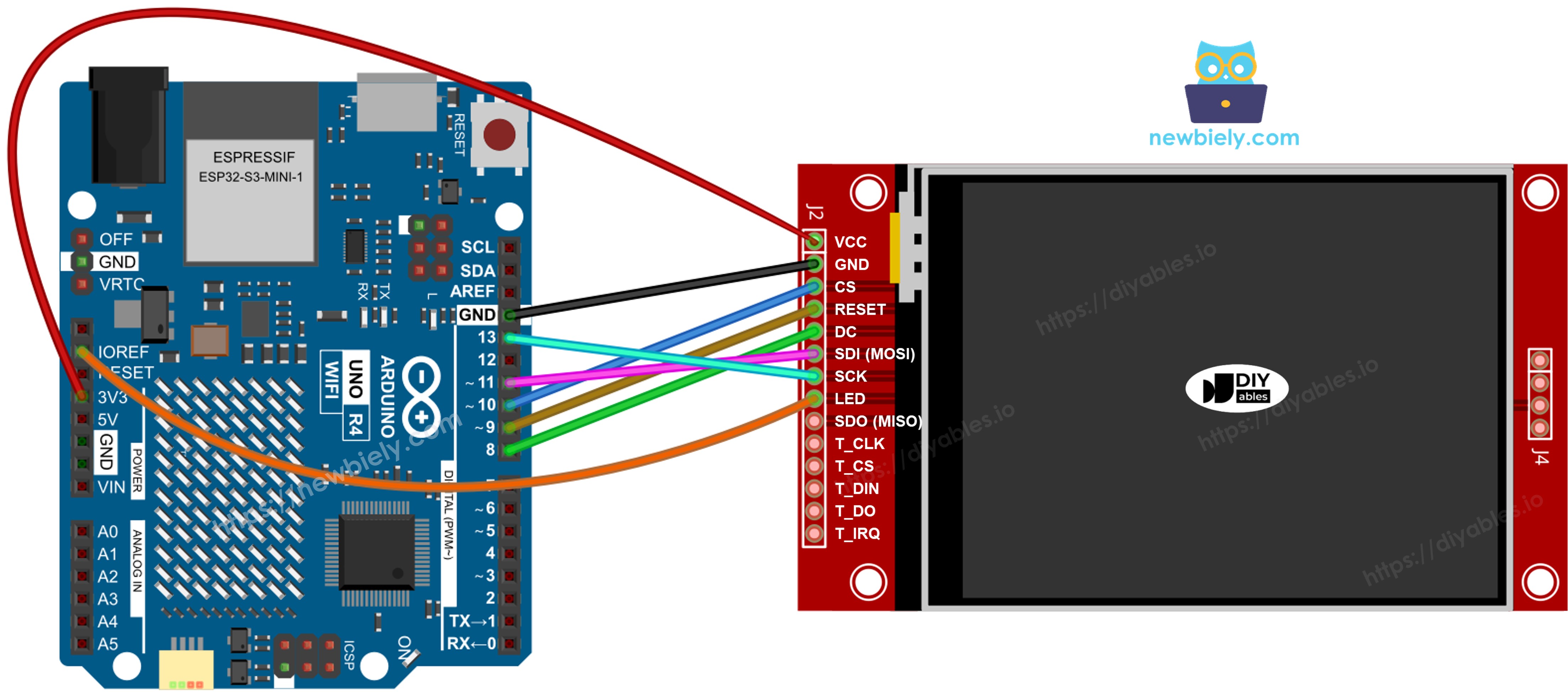 Arduino Uno R4 TFT SPI Display wiring diagram without touch
