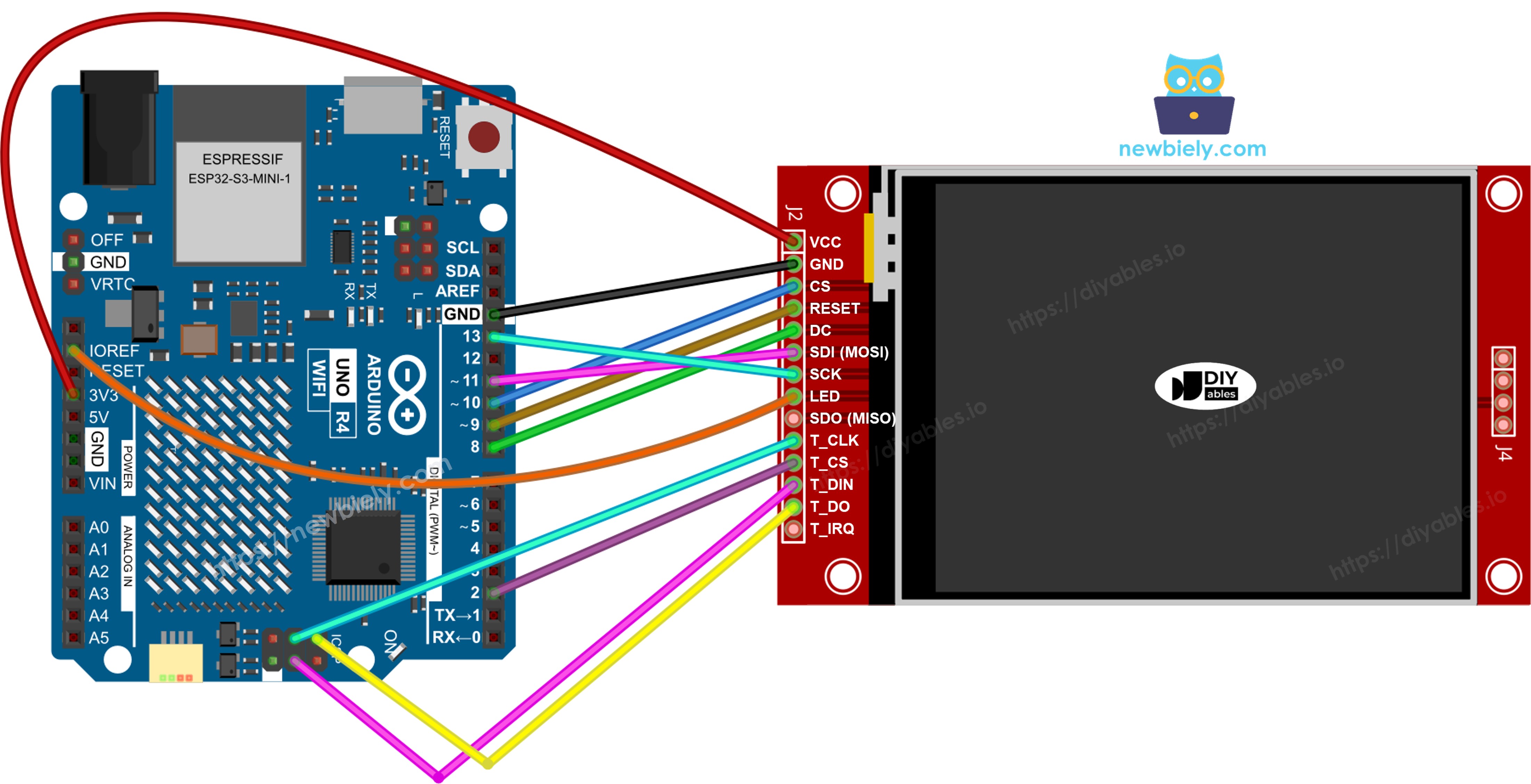 Arduino Uno R4 TFT SPI Display wiring diagram with touch