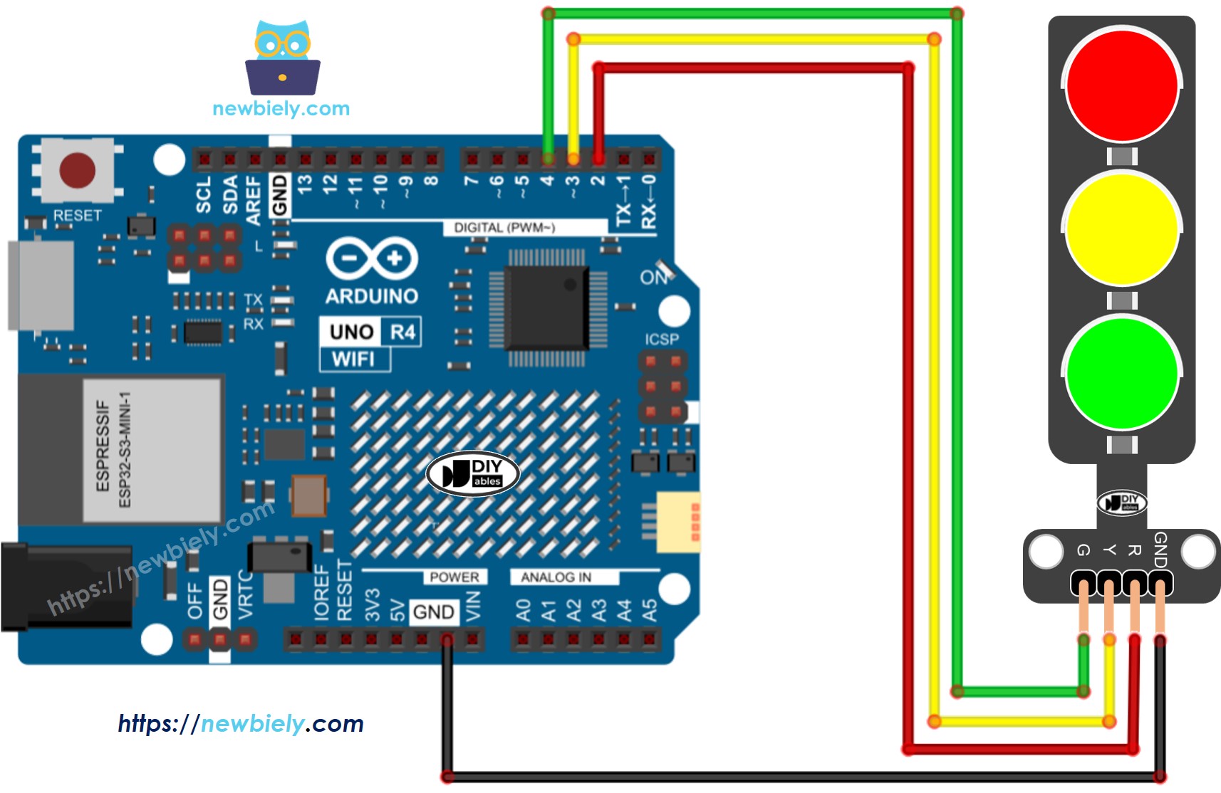 Schéma de câblage du feu de circulation Arduino UNO R4