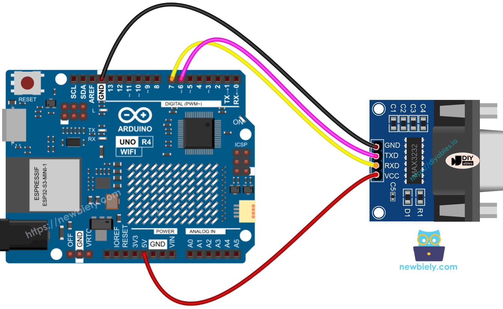 Schéma de câblage Arduino UNO R4 RS232 vers TTL