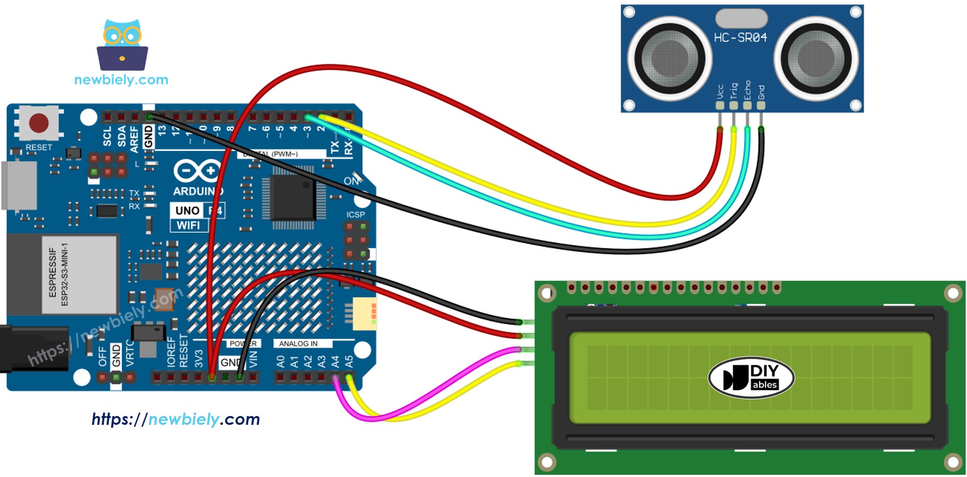 Schéma de câblage LCD ultrasonique pour Arduino UNO R4