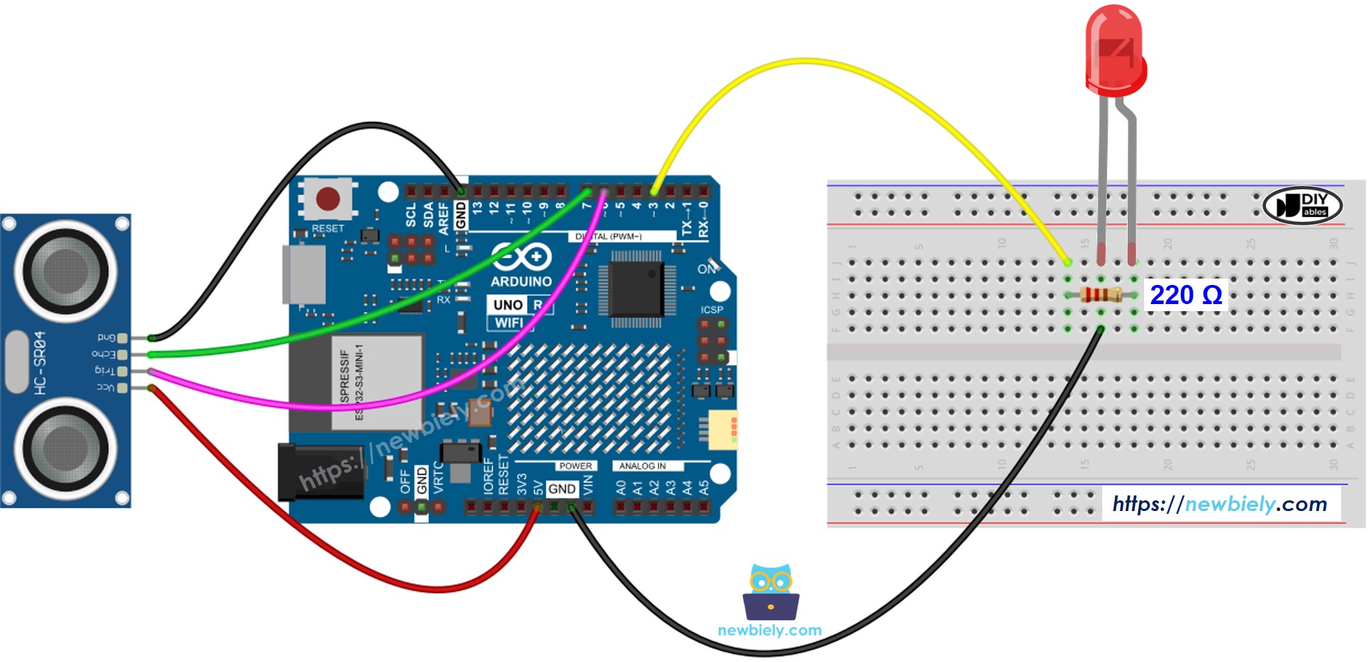 Schéma de câblage LED du capteur à ultrasons Arduino UNO R4