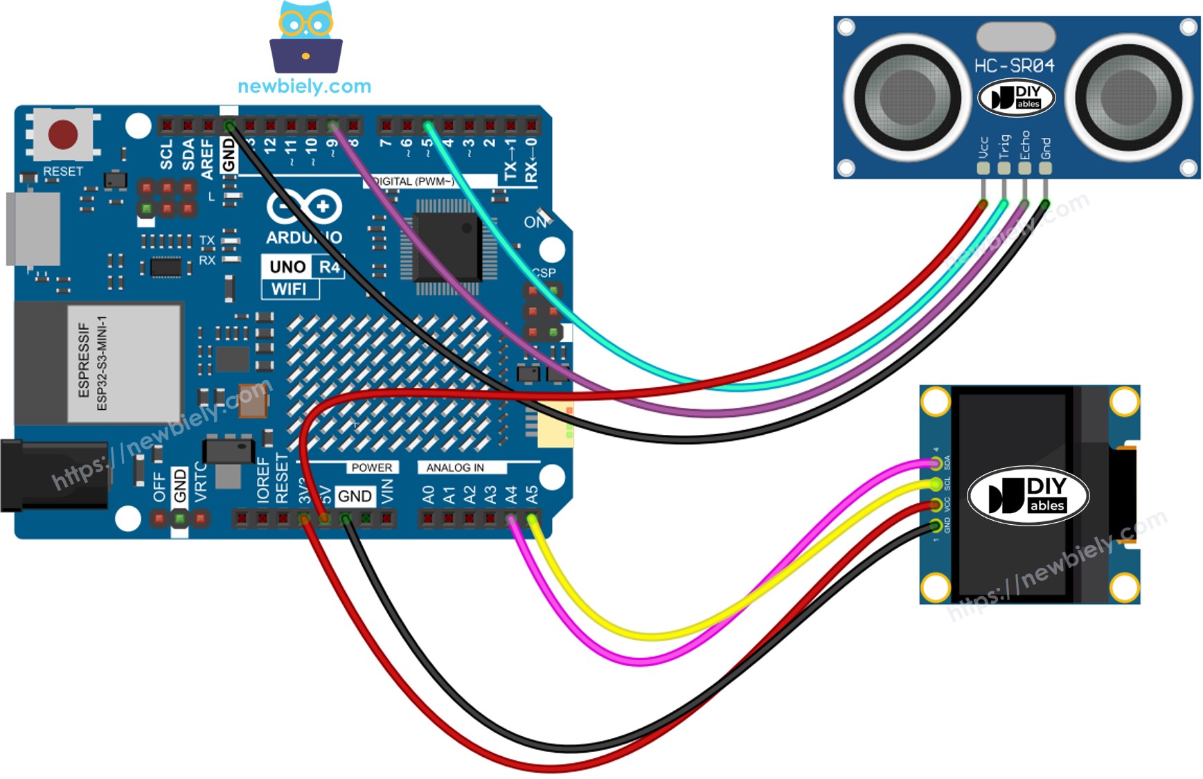 Schéma de câblage OLED du capteur à ultrasons pour Arduino UNO R4