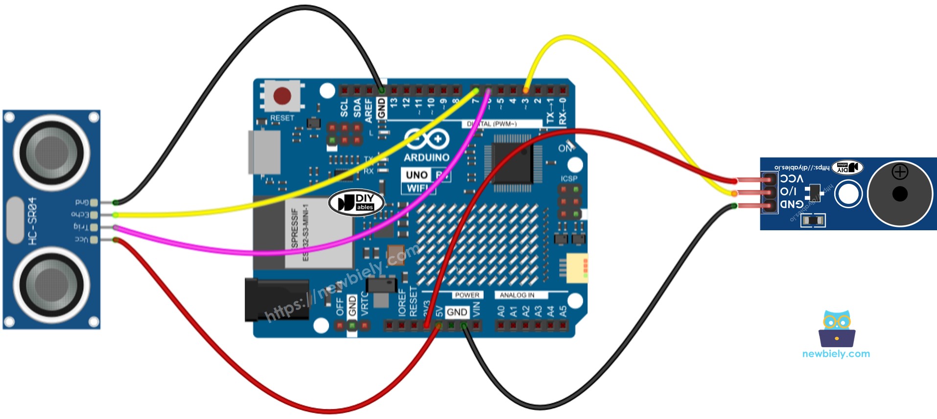 Schéma de câblage du module capteur ultrasonique et buzzer piézoélectrique pour Arduino UNO R4