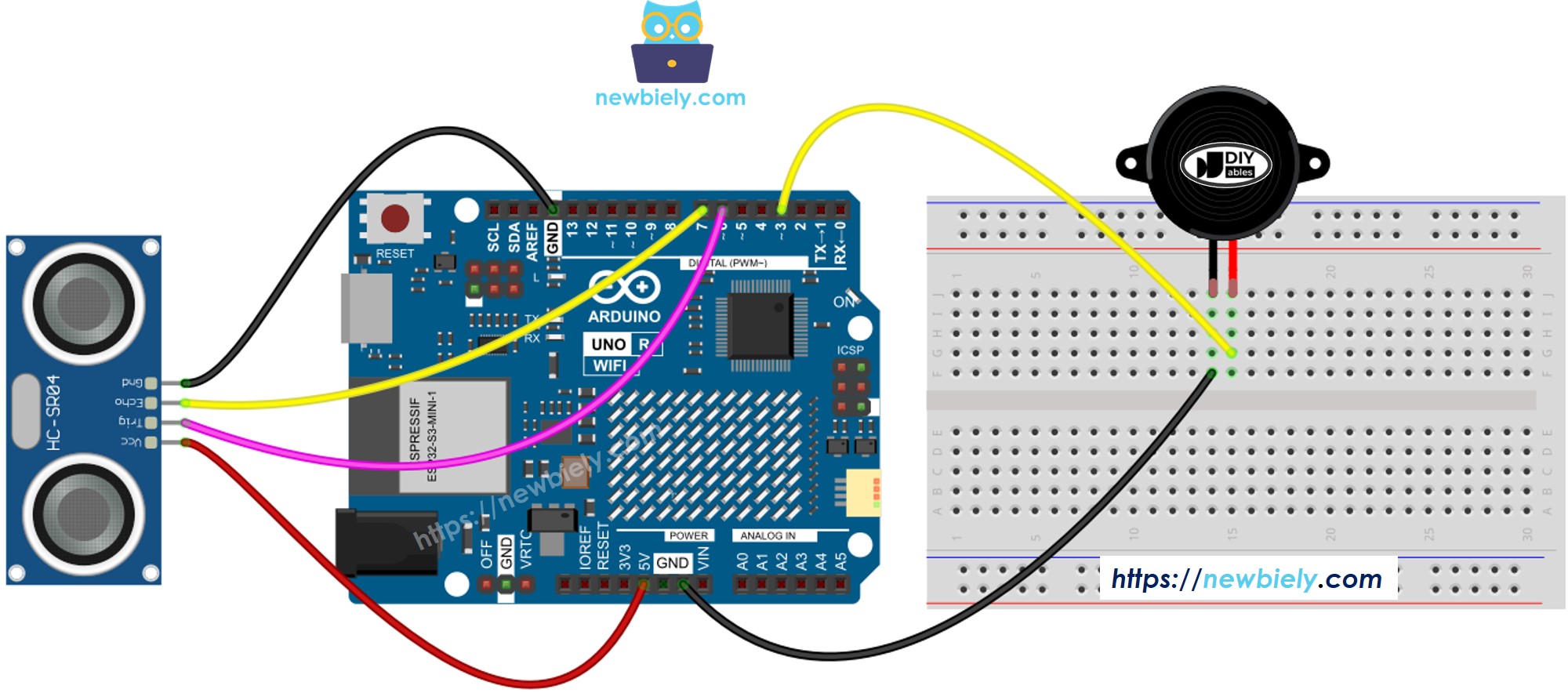 Schéma de câblage du capteur à ultrasons et du buzzer piézoélectrique pour Arduino UNO R4