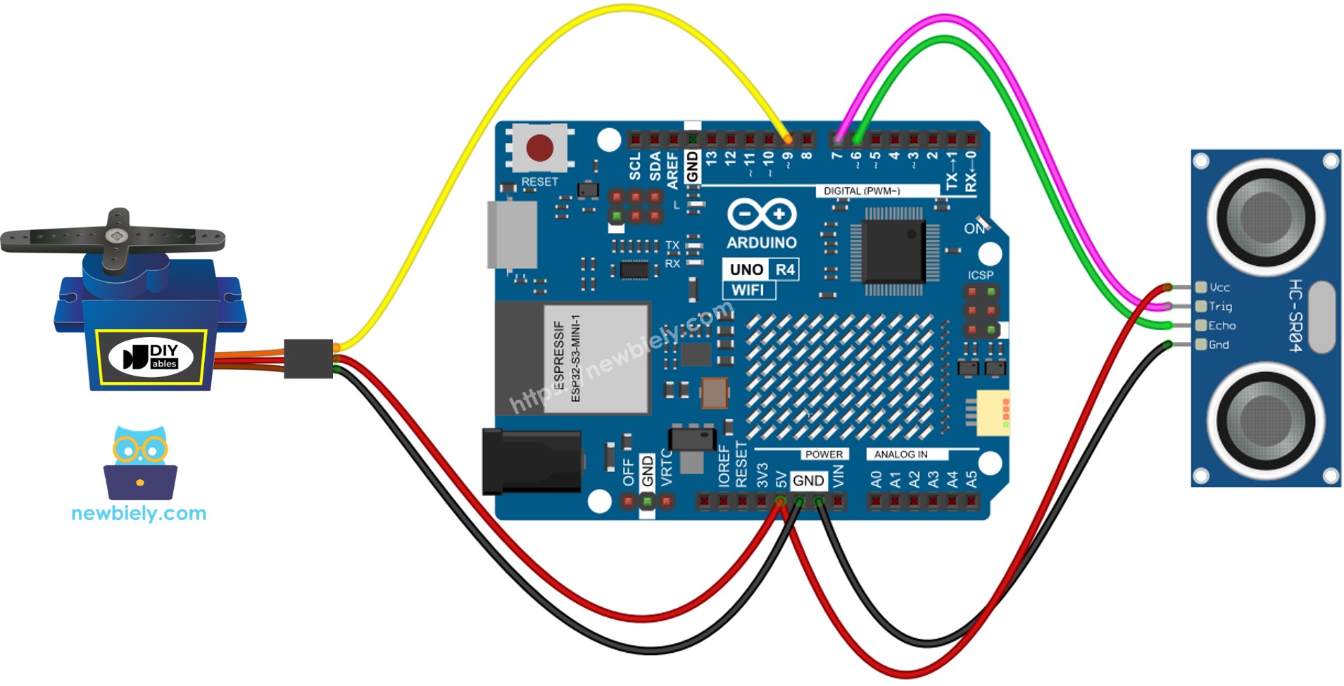 Schéma de câblage Arduino UNO R4 pour capteur à ultrasons et servomoteur