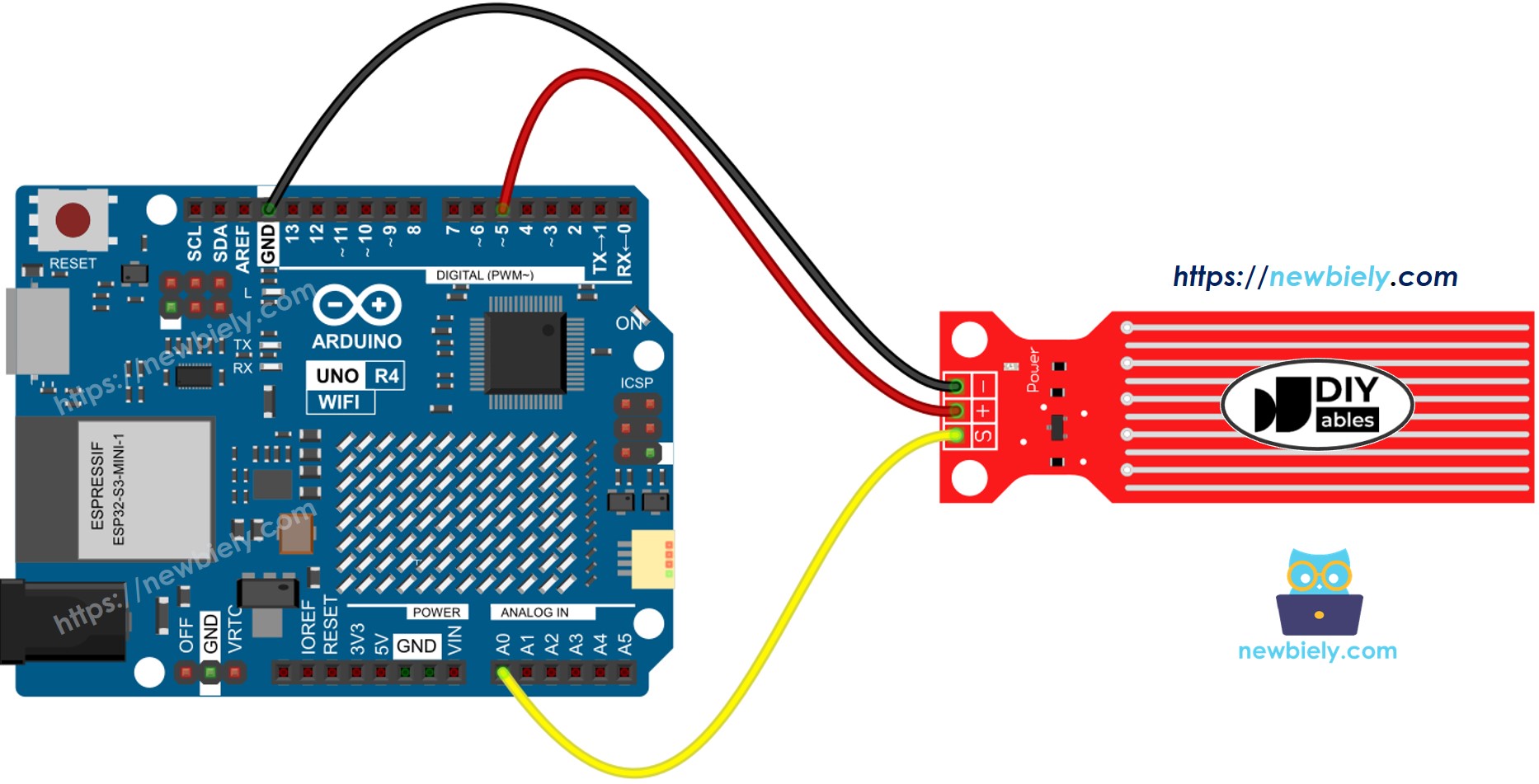 Schéma de câblage du capteur d'eau pour Arduino UNO R4