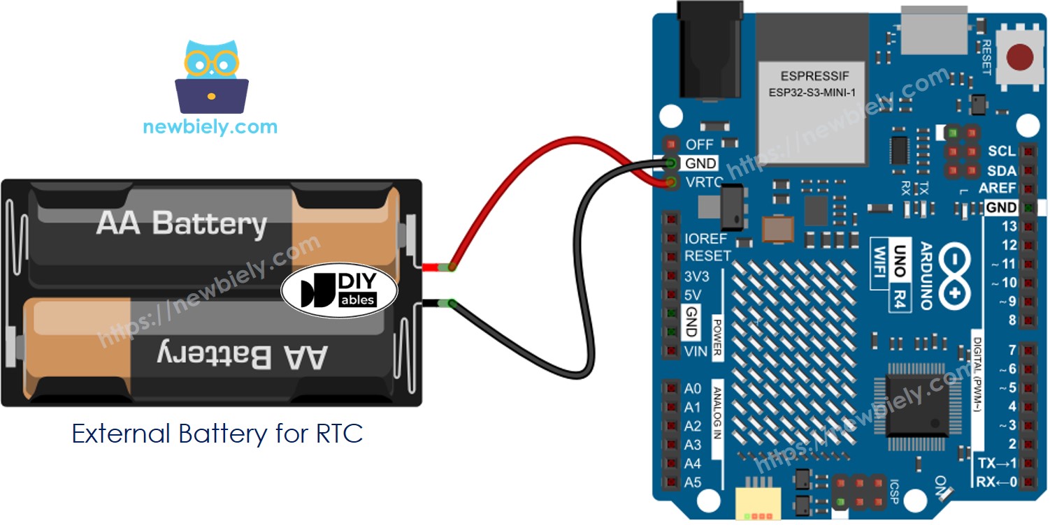 Schéma de câblage de la batterie de sauvegarde RTC pour Arduino UNO R4 WiFi