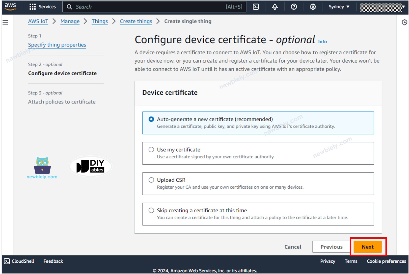 AWS IoT Core génère un certificat