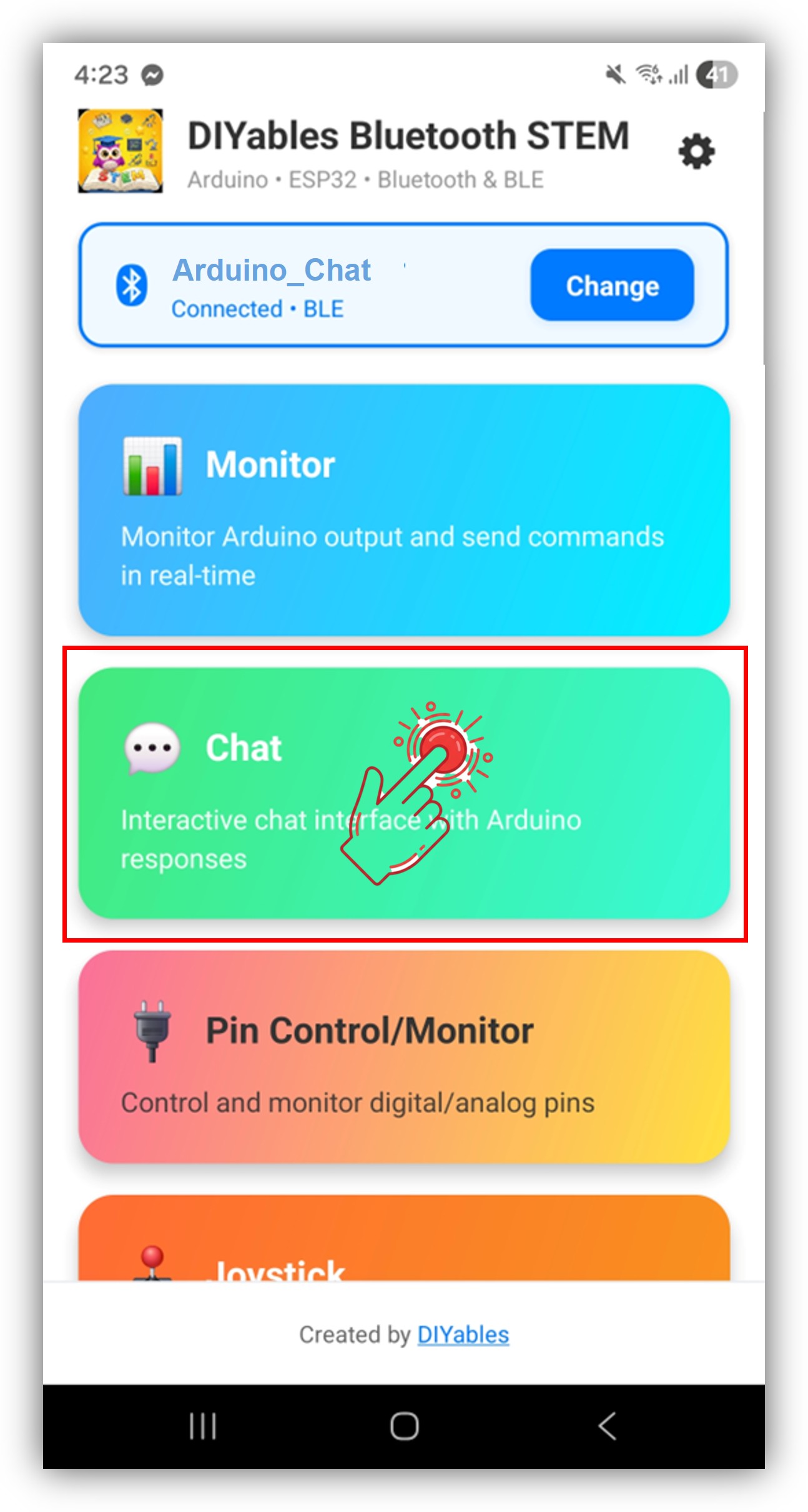 Application DIYables Bluetooth - Écran d'accueil avec application Chat