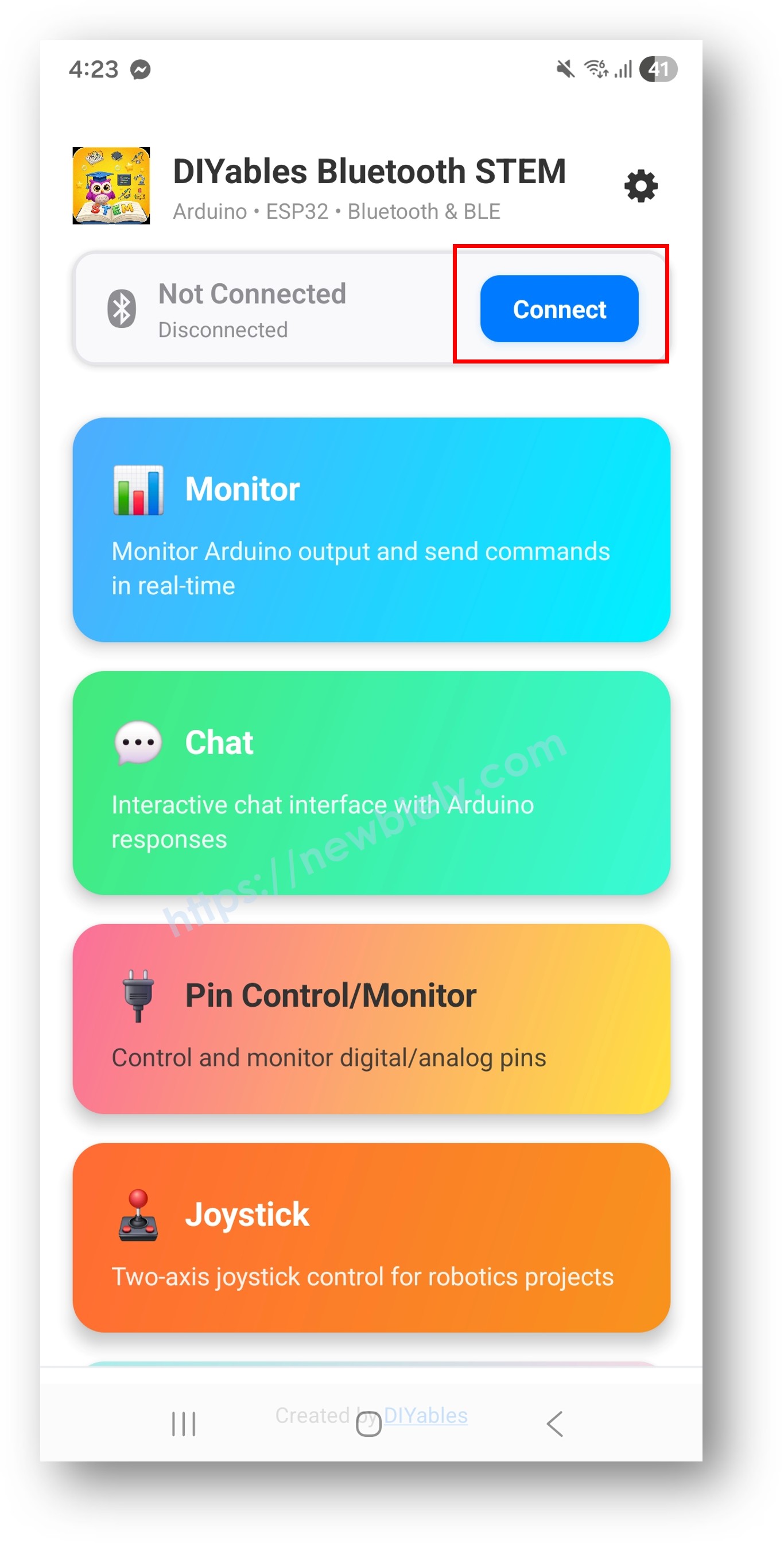 Application DIYables Bluetooth - Écran d'accueil avec bouton Scanner
