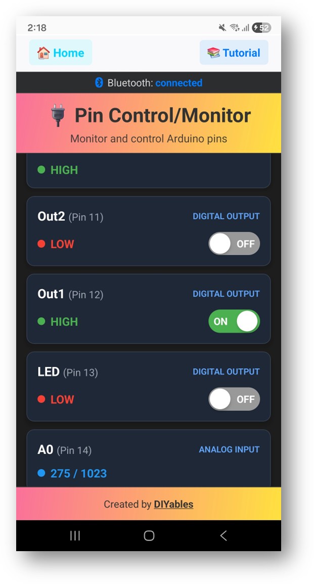 Application DIYables Bluetooth - Écran Digital Pins