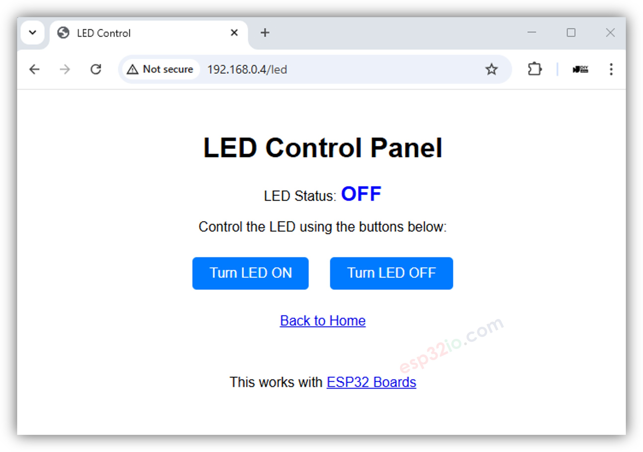 Démo de la page de contrôle des LEDs