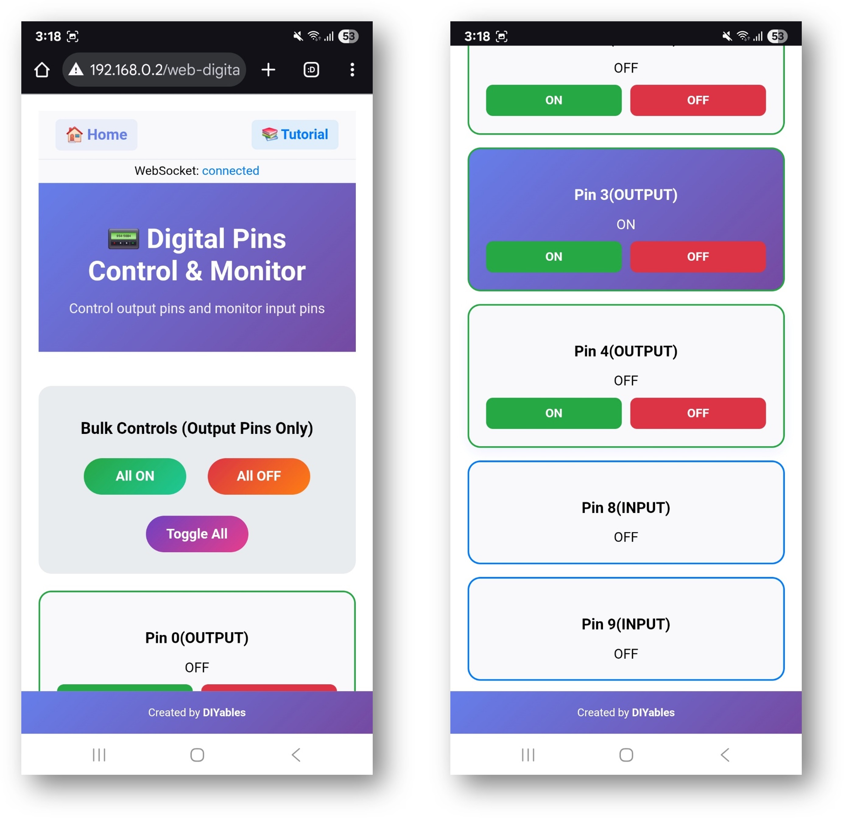 ESP32 DIYables application Web Web broches numériques application