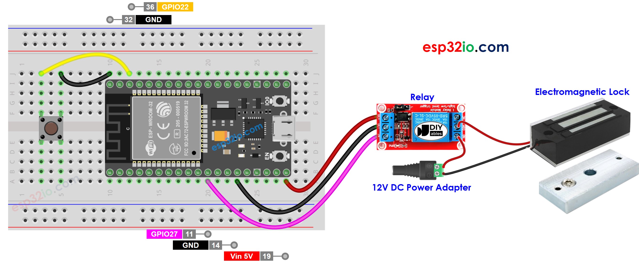 Schéma de câblage du verrou électromagnétique avec bouton ESP32