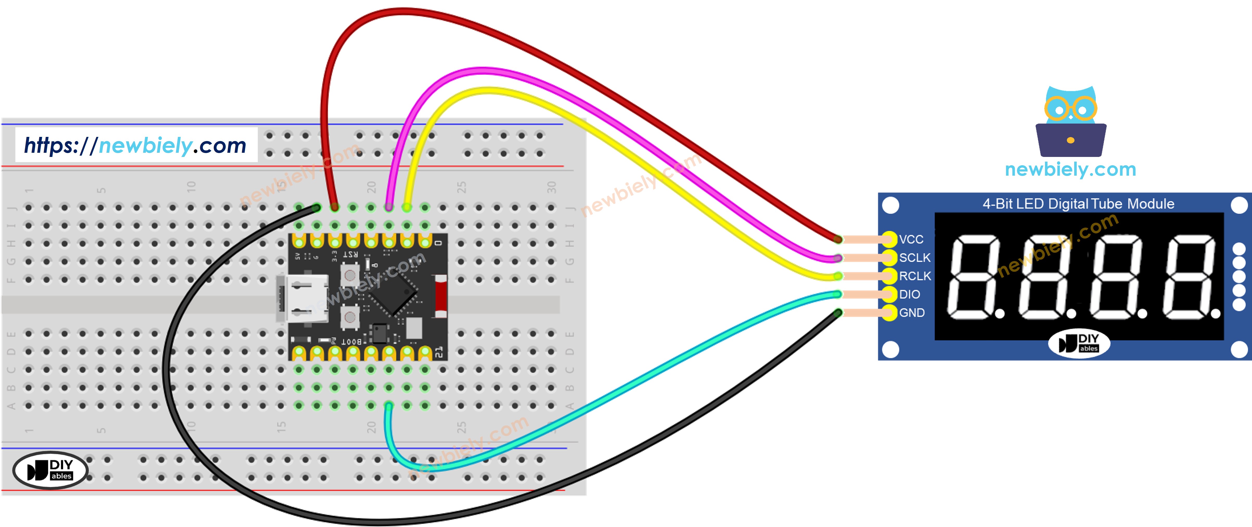 Schéma de câblage de l'afficheur 7 segments 4 chiffres 74HC595 ESP32 C3 Super Mini