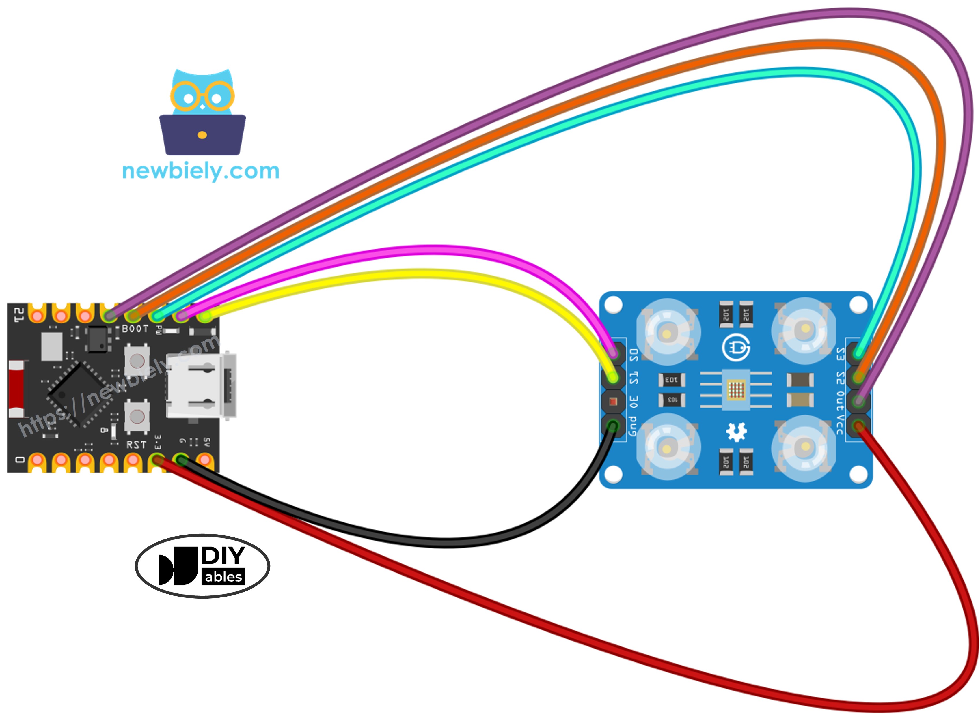 ESP32 C3 Super Mini and TCS3200 color sensor wiring diagram