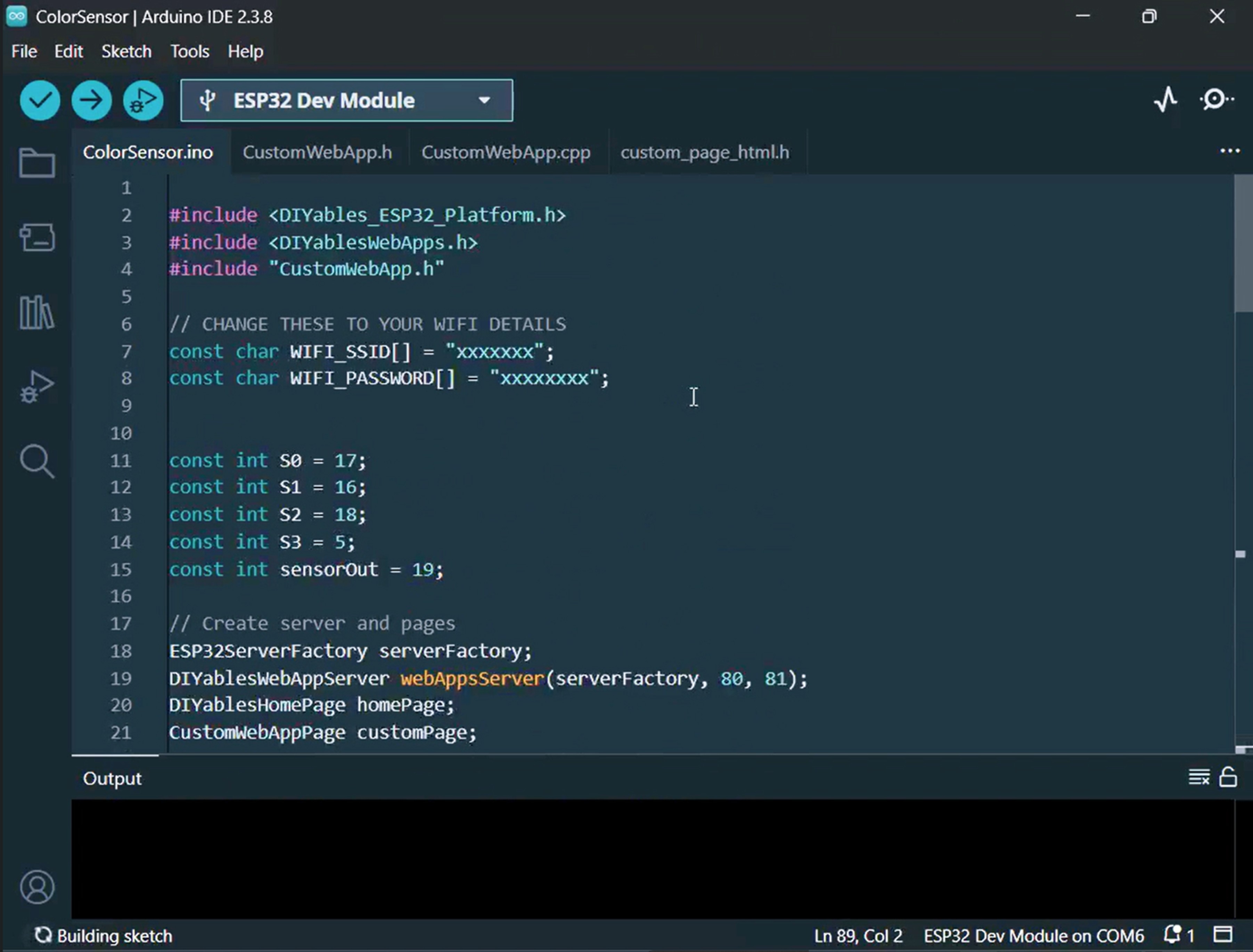 Fichiers de projet ESP32 Color Sensor Web App dans Arduino IDE