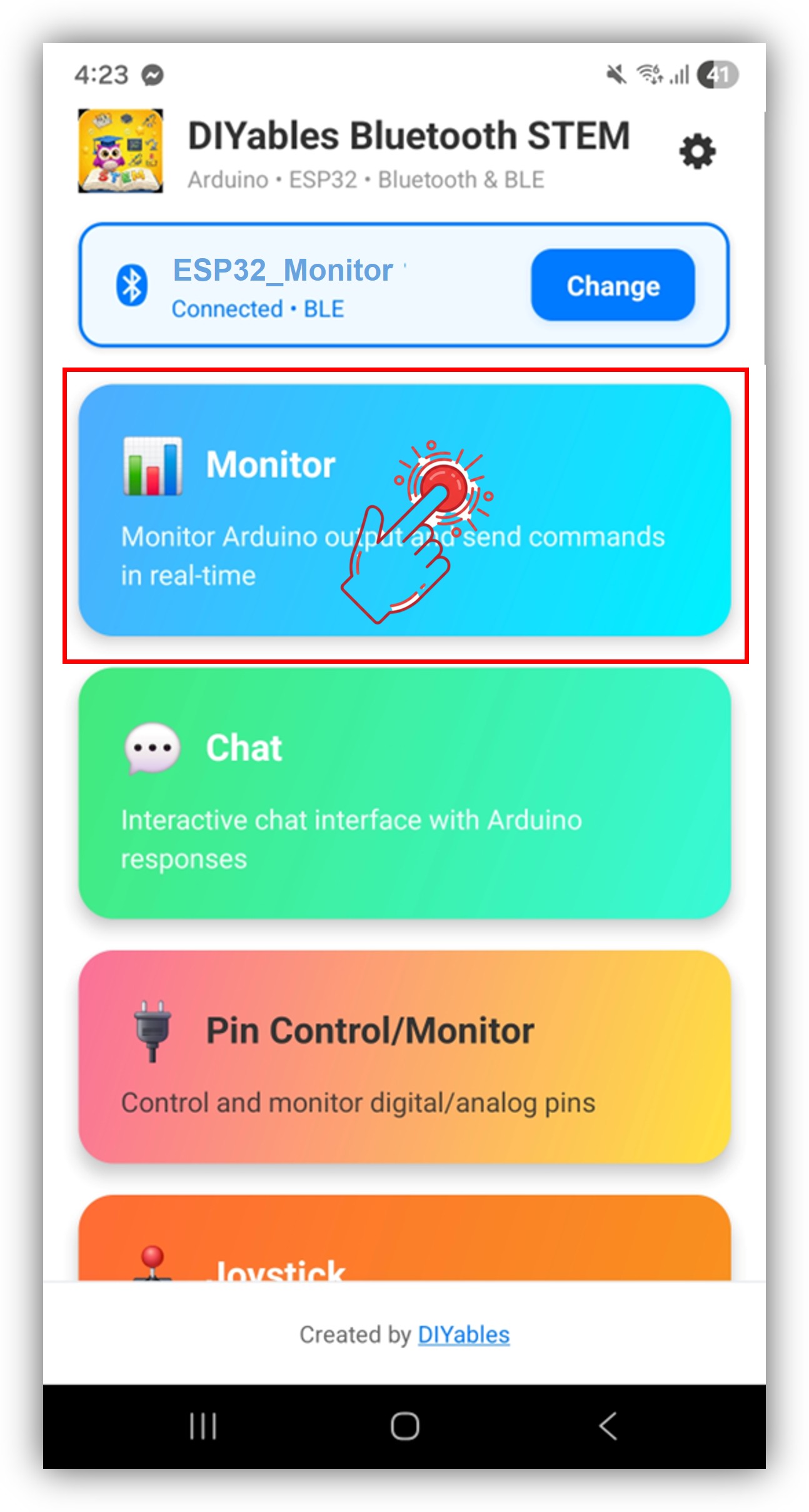 DIYables Bluetooth App - Écran d'accueil avec l'application Monitor