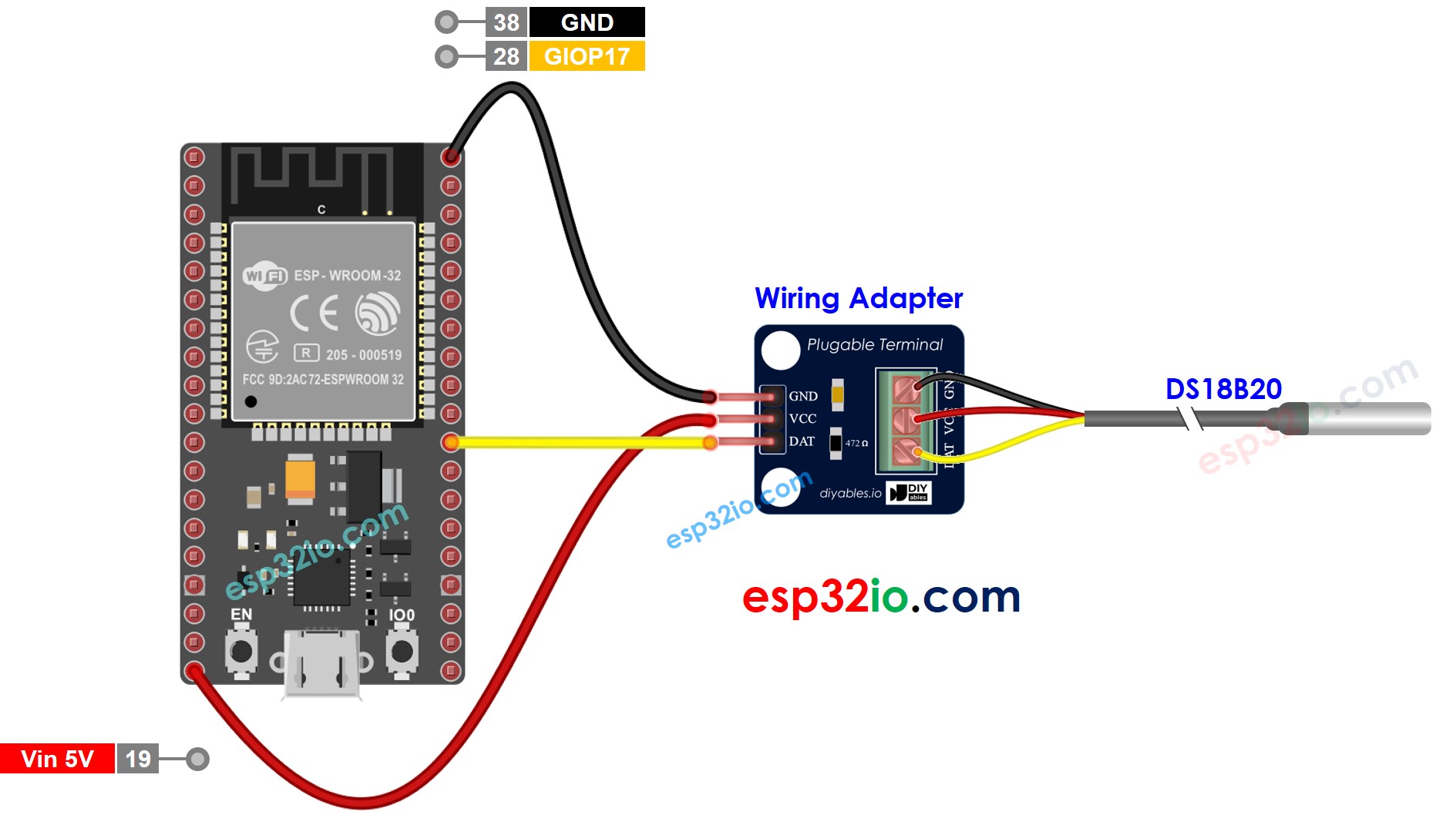 Schéma de câblage du capteur de température DS18B20 du serveur Web ESP32
