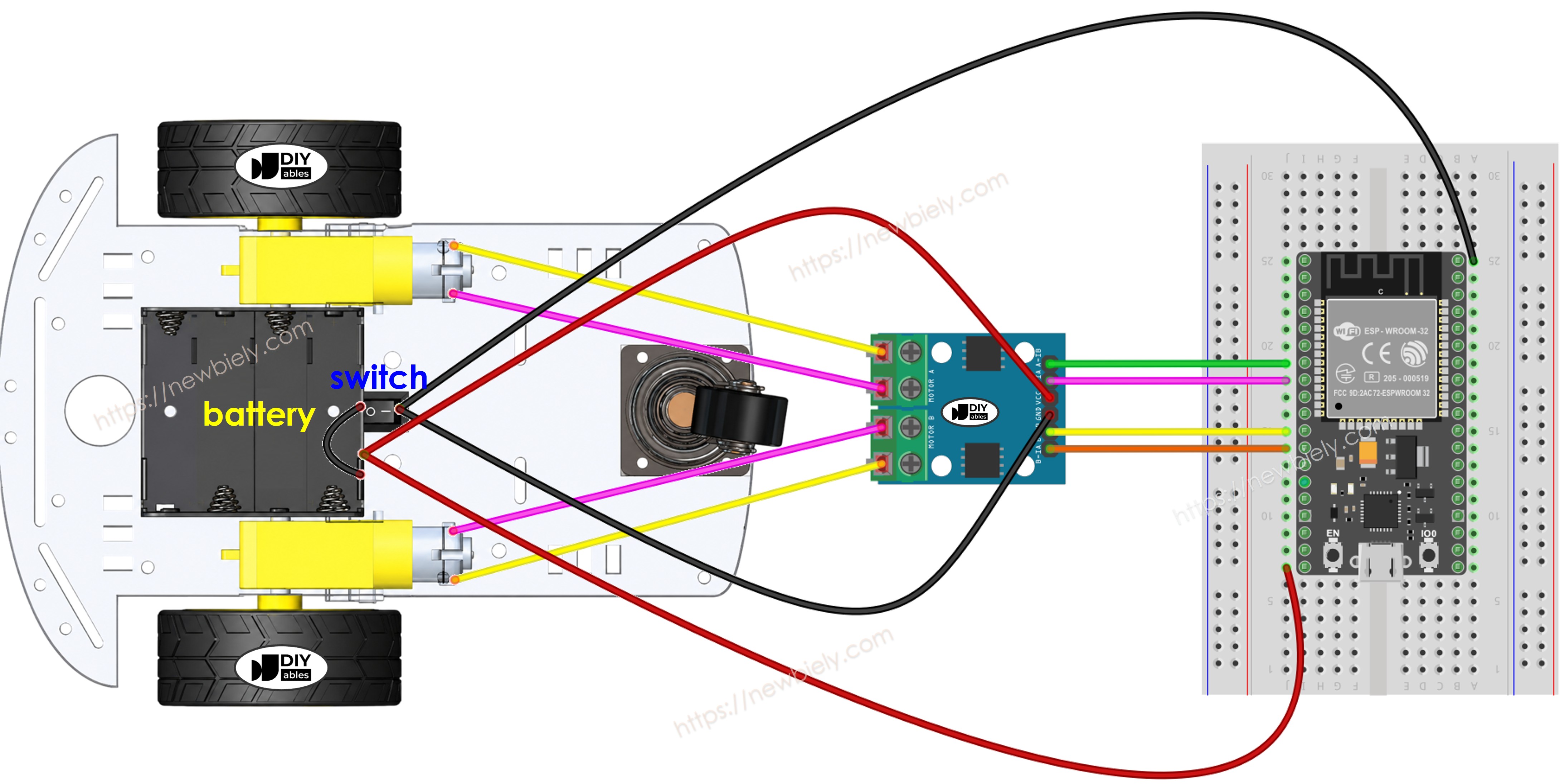 Schéma de câblage de la voiture RC 2WD ESP32 sur une breadboard